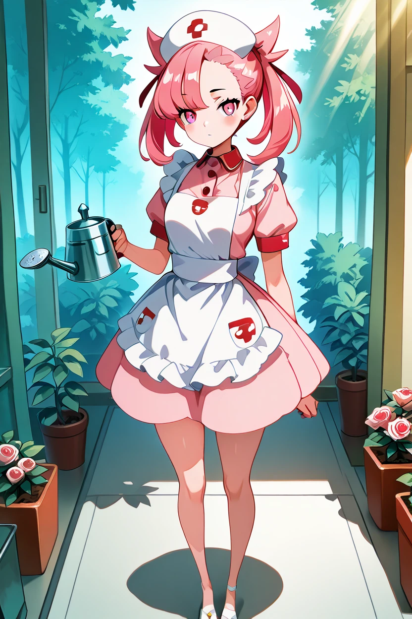 masterpiece, best quality, 1girl, solo, (beautiful eyes),    zzNurseMarnieCitron, pink eyes, hair ribbon, medium hair, pink hair, asymmetrical bangs, ribbon, nurse, light pink dress with dark green accents, white apron, nurse cap adorned with a small pink rose, standing in a lush garden surrounded by blooming pink roses and vibrant green foliage, sunlight filtering softly through the leaves, gently tending to a potted rose with a watering can in hand, serene and tranquil atmosphere with petals gently scattered around her feet     <lora:NurseMarnieIXL:1.0>,   <lora:HaradaTakehitoIXL_v3:1.3>,