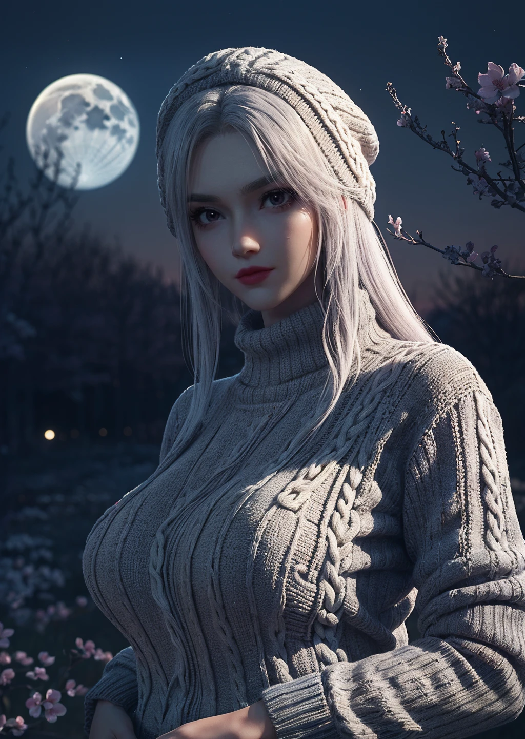 1girl,solo,white hair,makeup,lipstick,((gigantic breasts:1.3)),knit hat,((sweater:1.3)),((looking at viewer)),outdoors,flower path,cherry blossoms,night sky,star \(sky\),moon,scenery,simple background,(upper body),depth of field,Highly detailed,(ultra-detailed),(best quality:1.5,masterpiece:1.5),<lora:xiaoyixian-000010:0.8>,<lora:æè£å¢å:-1>,<lora:qingcheng:0.5>,