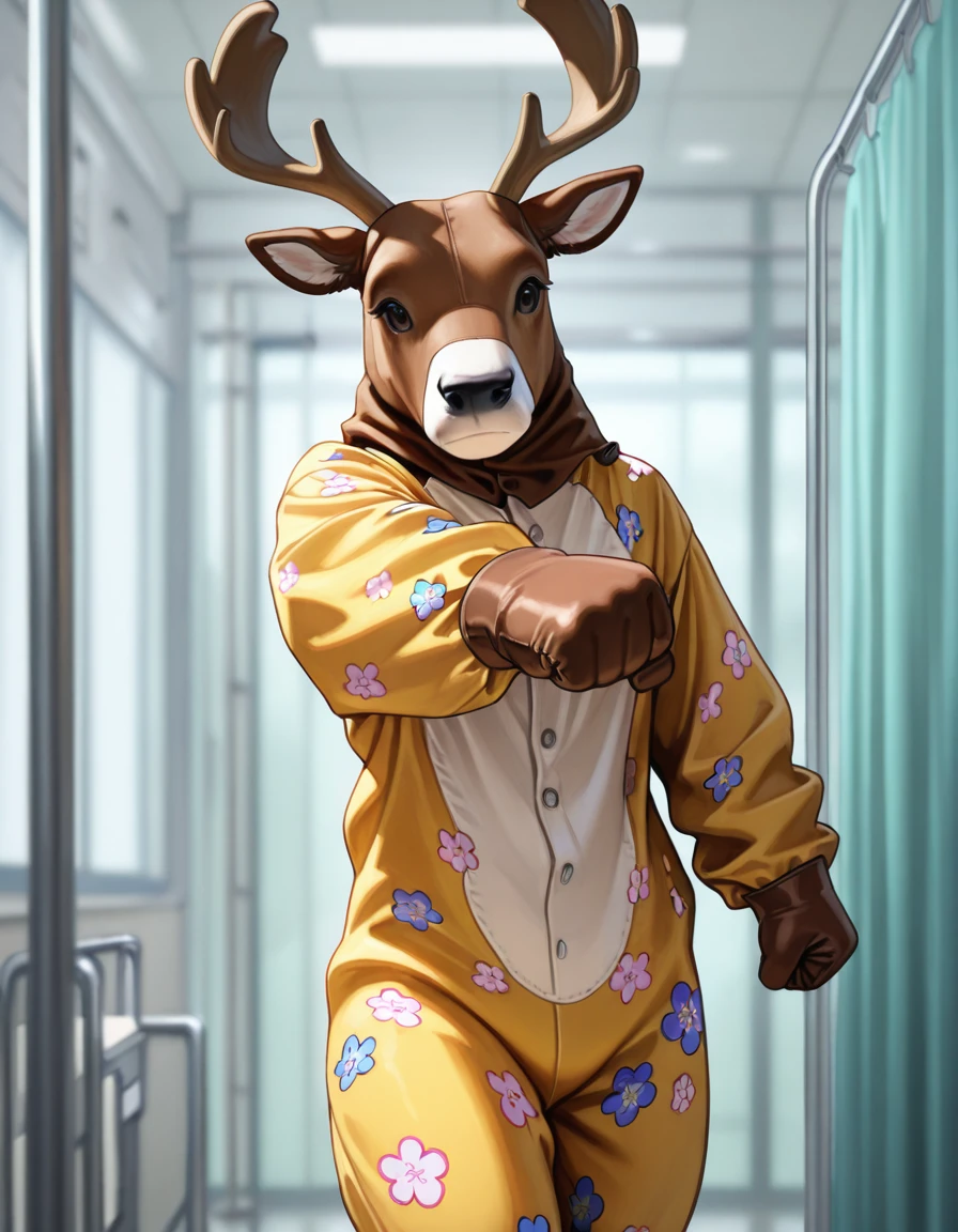 masterpiece,best quality,higres illustration,detailed face,<lora:reindeermask_IL:1>,reindeermask,kigurumi,solo,floral print jumpsuit,punching,hospital,expressionless,