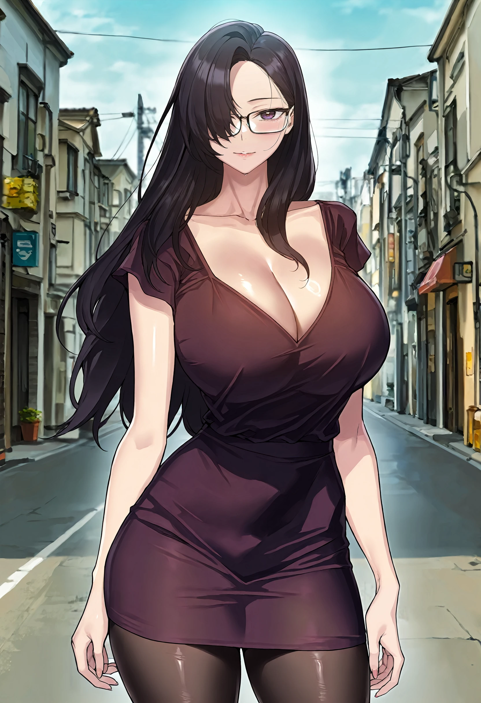 masterpiece, best quality, amazing quality, very aesthetic, absurdres, newest, scenery, 1girl, (solo:1.1), huge breasts,<lora:Baek Seolhee illustxl:1>long hair, black hair, mature female, brown hair, purple eyes, brown eyes, hair over one eye, black-framed eyewear, purple dress, cleavage, collarbone, short sleeves, short dress, black pantyhose, upper body, standing, street, outside, looking at viewer, shiny skin, masterpiece, best quality, amazing quality, very aesthetic, absurdres, newest, scenery