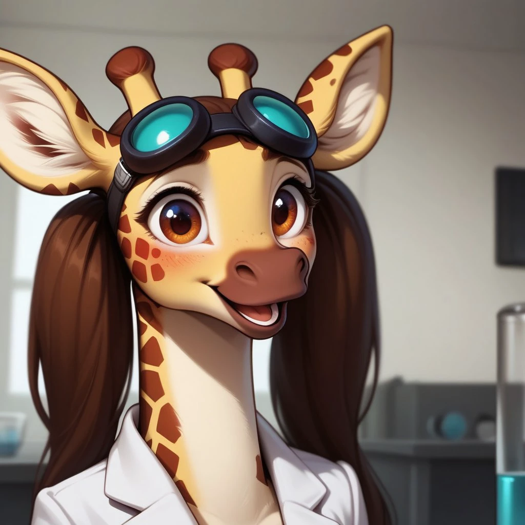 score_9, score_8_up, score_8_up, M4dd13G1r4ff3, anthro giraffe, anthro, Standing in laboratory, white lab coat, black goggles, Excited, table beakers From front, close up,