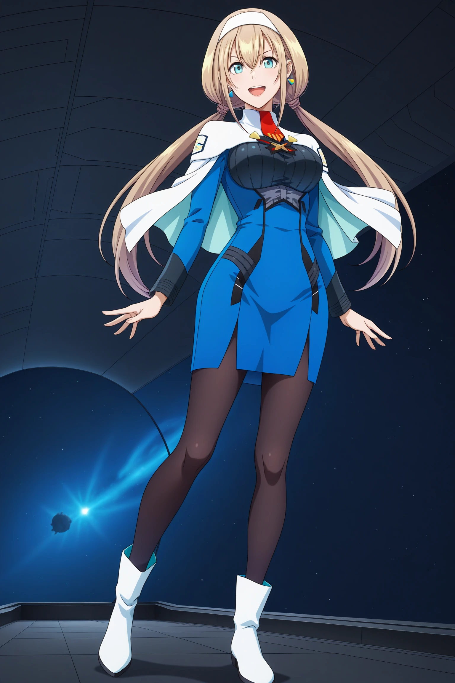 masterpiece, best quality, amazing quality, highres, absurdres, very aesthetic, high resolution, ultra detailed, perfect details, 1girl, solo, science fiction, space, spacecraft, indoors, medium breasts, mitsuba greyvalley, blonde hair, long hair, low twintails, white hairband, blue eyes, single earrings, military uniform, blue dress, long sleeves, white capelet, short necktie, framed breasts, black pantyhose, white footwear, boots, <lora:Mitsuba_Greyvalley_ILXL:0.8>, (aged up:1.5), full body, (pose:1.2), smile, looking at viewer, (anime coloring:1.5), (anime screencap:1.5), open mouth, from below