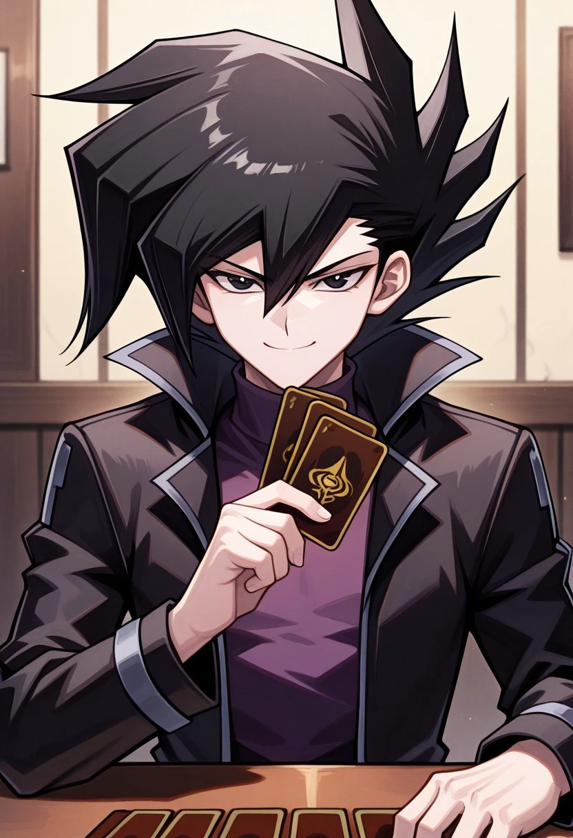 masterpiece, best quality, 
chazzgx, 1boy, male focus, solo, black eyes, black hair, spiked hair, bangs, hair between eyes, shirt, purple shirt, turtleneck, coat, black coat, long sleeves, open coat, open clothes, holding card, smile, determined
indoor, table,