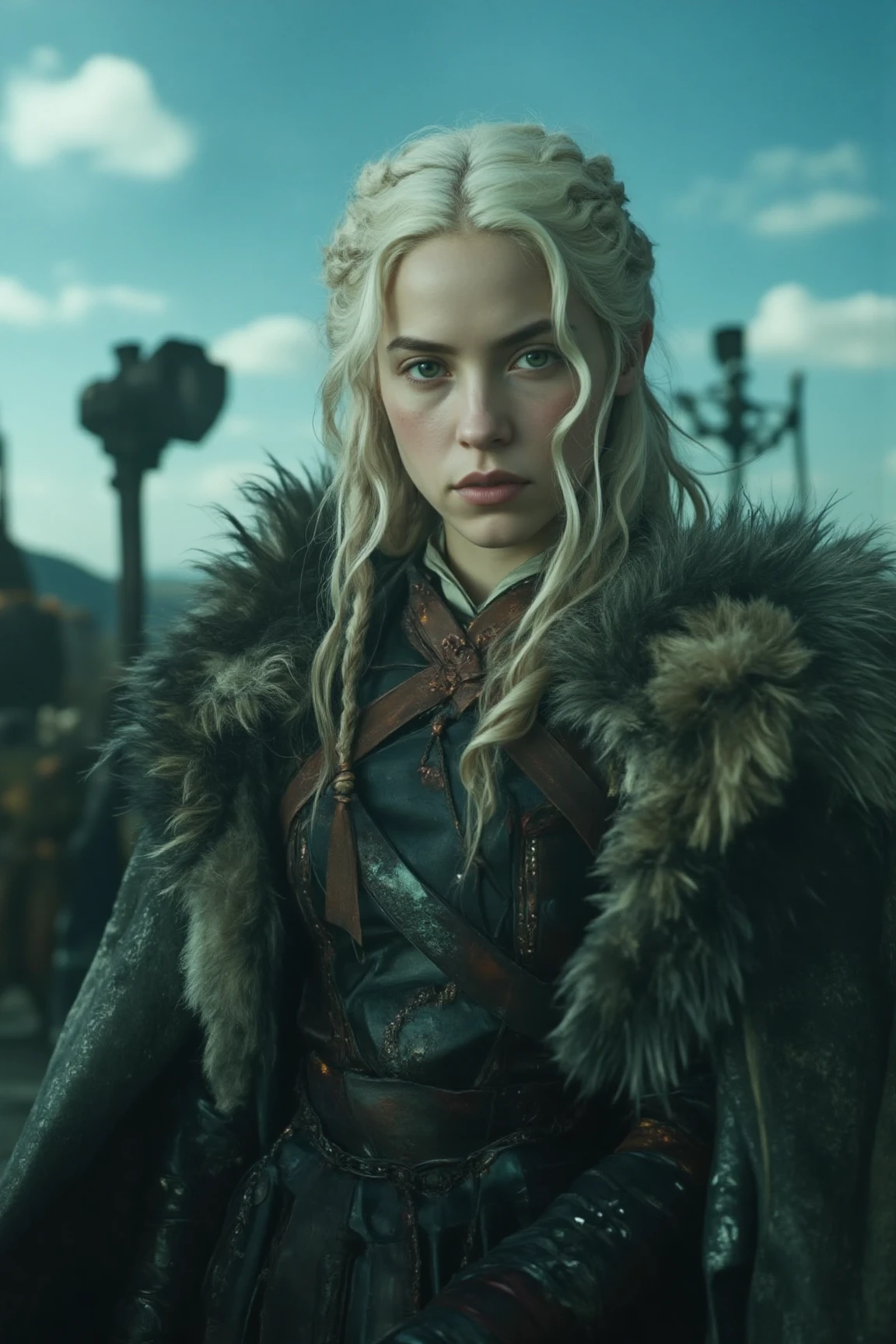 film shot of a beautiful game of thrones queen stands tall, her game of thrones attire glistening under soft even lighting. Her medium-bodied figure is centered in a medium-shot, as she locks eye contact with the viewer, her gaze piercing through the landscape behind. Every detail of her face and eyes are meticulously rendered, inviting us into this world. blue sky. She is dressed as daenerys targaryen