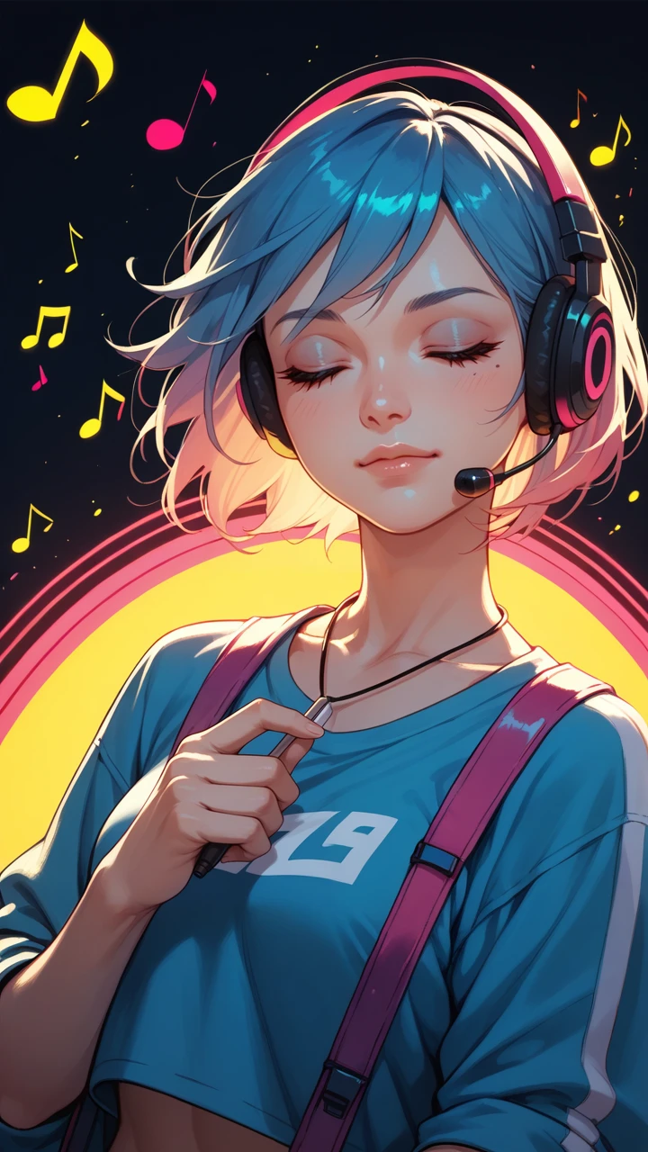 score_9, score_8_up, score_7_up, score_6_up, score_5_up, score_4_up,  a woman, vibrant colors, music notes, headset, closed eyes,