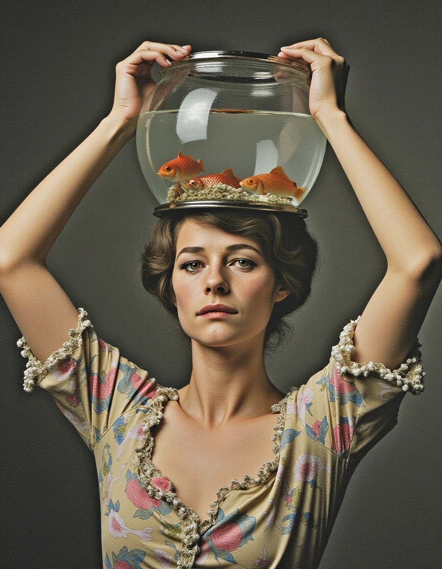 <lora:charlotte-rampling-flux:1.1> the, her, woman, and, has wearing a large fishbowl over her head filled with water portrait highly detailed