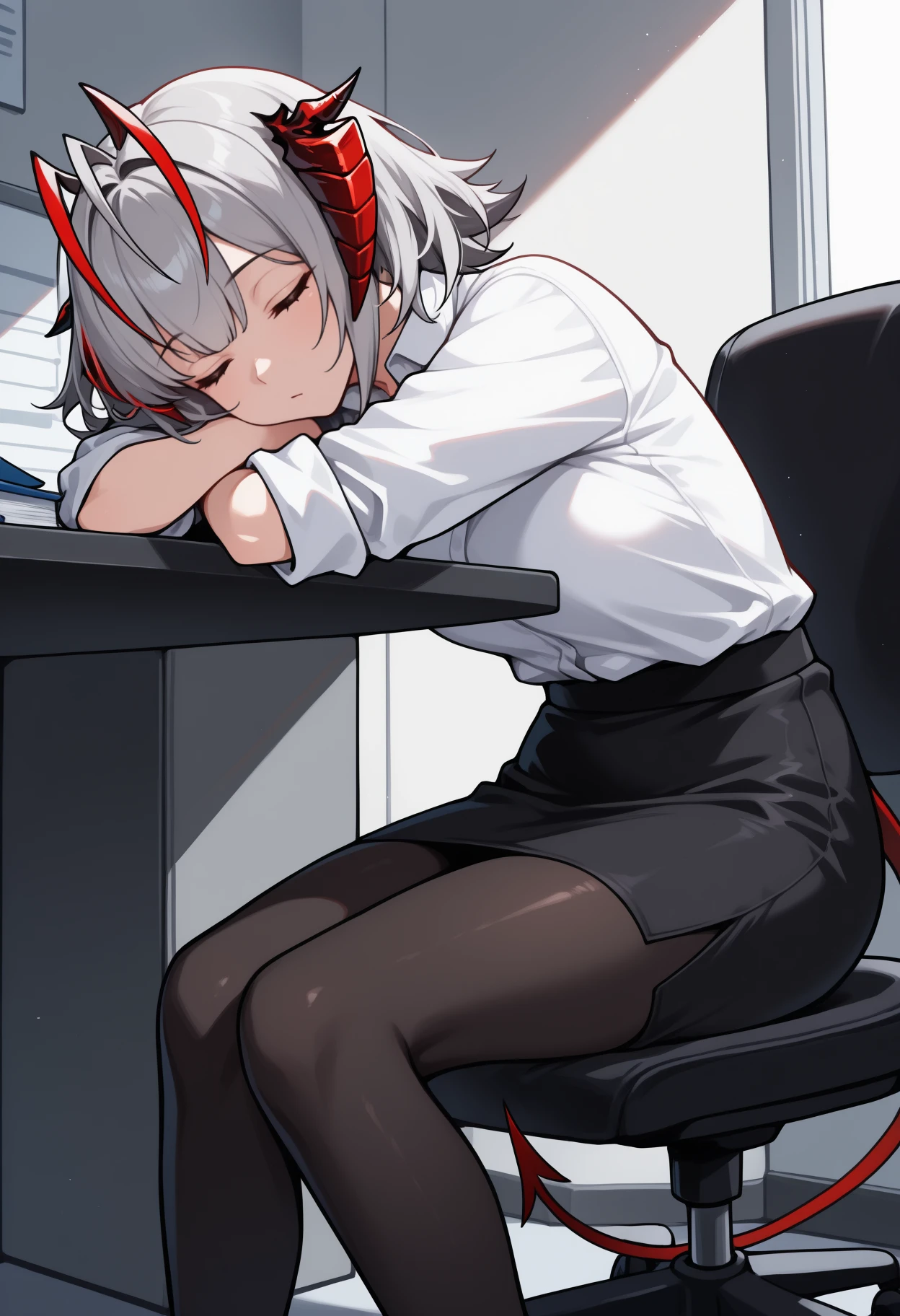 masterpiece, best quality, feet out of frame, solo, 1girl, wdef, demon tail, sleeping, sitting, office chair, head rest, short hair, multicolored hair, grey hair, red hair, ahoge, antenna hair, demon horns, antennae, closed eyes, white shirt, collared shirt, sleeves rolled up, black skirt, pencil skirt, black pantyhose, indoors, office, table
<segment:yolo-Anzhc Face seg 640 v2 y8n.pt,0.4,0.5//cid=1>