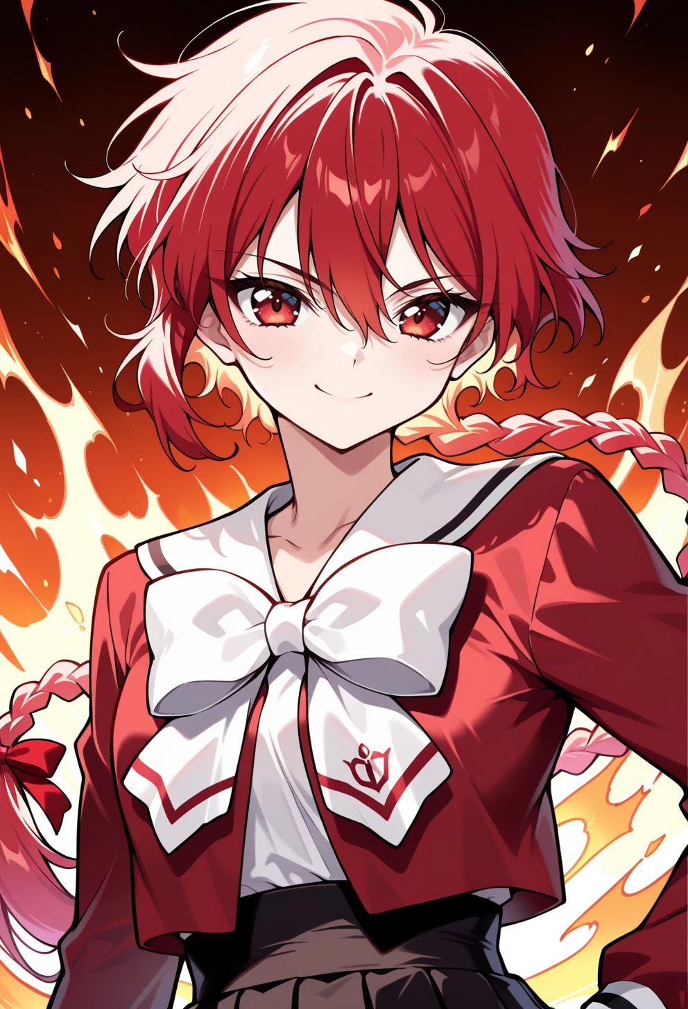 masterpiece, best quality, high quality, anime, solo, <lora:AEHikaruillx:1> smile, standing, (portrait:1.2), fire background, confident,
AEHikaru, red eyes, red hair, braided ponytail, hair between eyes, hair ribbon, long braid, long hair, single braid, school uniform, serafuku, white bowtie, white sailor collar, red shirt, red bow, ribbon, long sleeves, black skirt, pleated skirt,