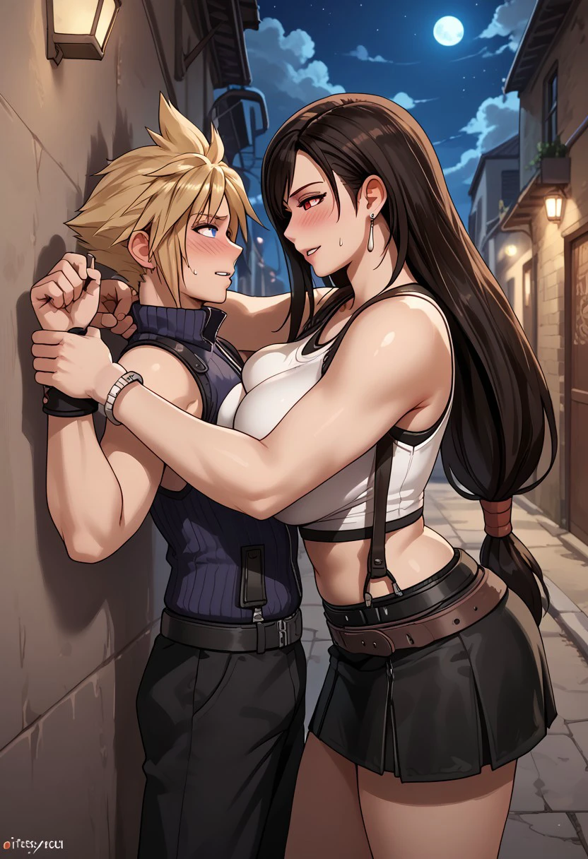 score_9, score_8_up, score_7_up, 1girl,1boy, fdom_awall, taller female, breasts press, drunk, unsteady, holding another's wrist, 
Fdom_held,
rhand_wristgrab, lhand_wristgrab, tifa lockhart, cloud strife, red eyes, huge breasts, tipsy expression, in alley, night, blush,