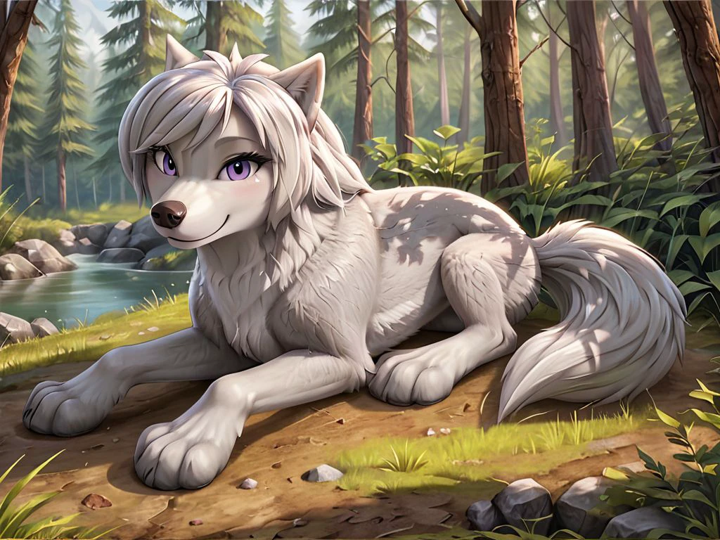 ((feral)), quadruped, wolf in detailed forest, female, detailed silver-gray and white fur, lilly wolf, fluffy fur, (lavender eyes), female, smile, solo, detailed eyes, anatomically correct, body correct, (lying), cute, wolf tail correct, three-fingered paws, full body, beautifull effect, <lora:LillySDXL1:0.8>