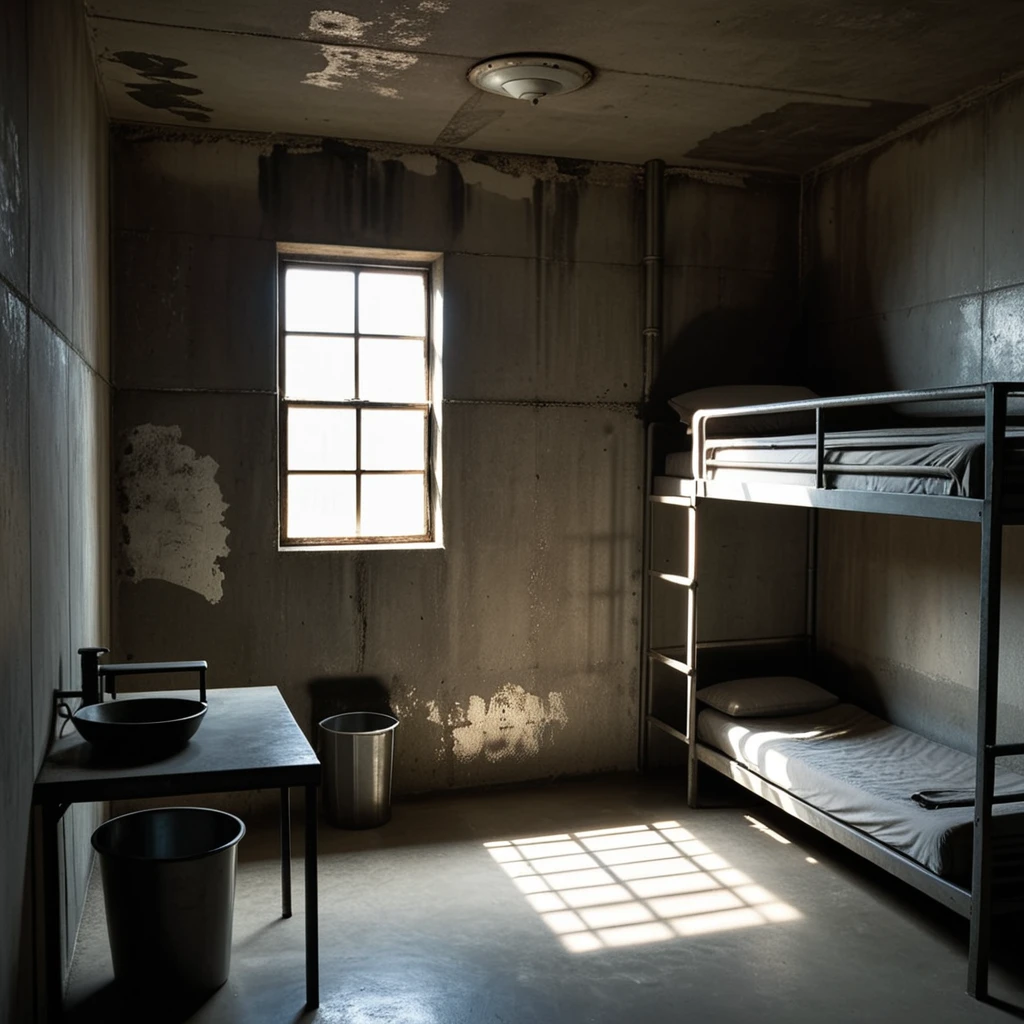 A dimly lit prison cell with cold, gray concrete walls, a small barred window letting in a faint beam of light, and a bunk bed with a steel frame and thin, worn mattresses stacked one above the other. A simple steel toilet is positioned in the corner, and a scratched wooden desk sits nearby. The atmosphere feels oppressive and isolated, with shadows casting stark contrasts on the walls. The floor is cracked and uneven, and faint graffiti etched into the walls hints at the stories of previous occupants. The room exudes a sense of confinement and solitude.