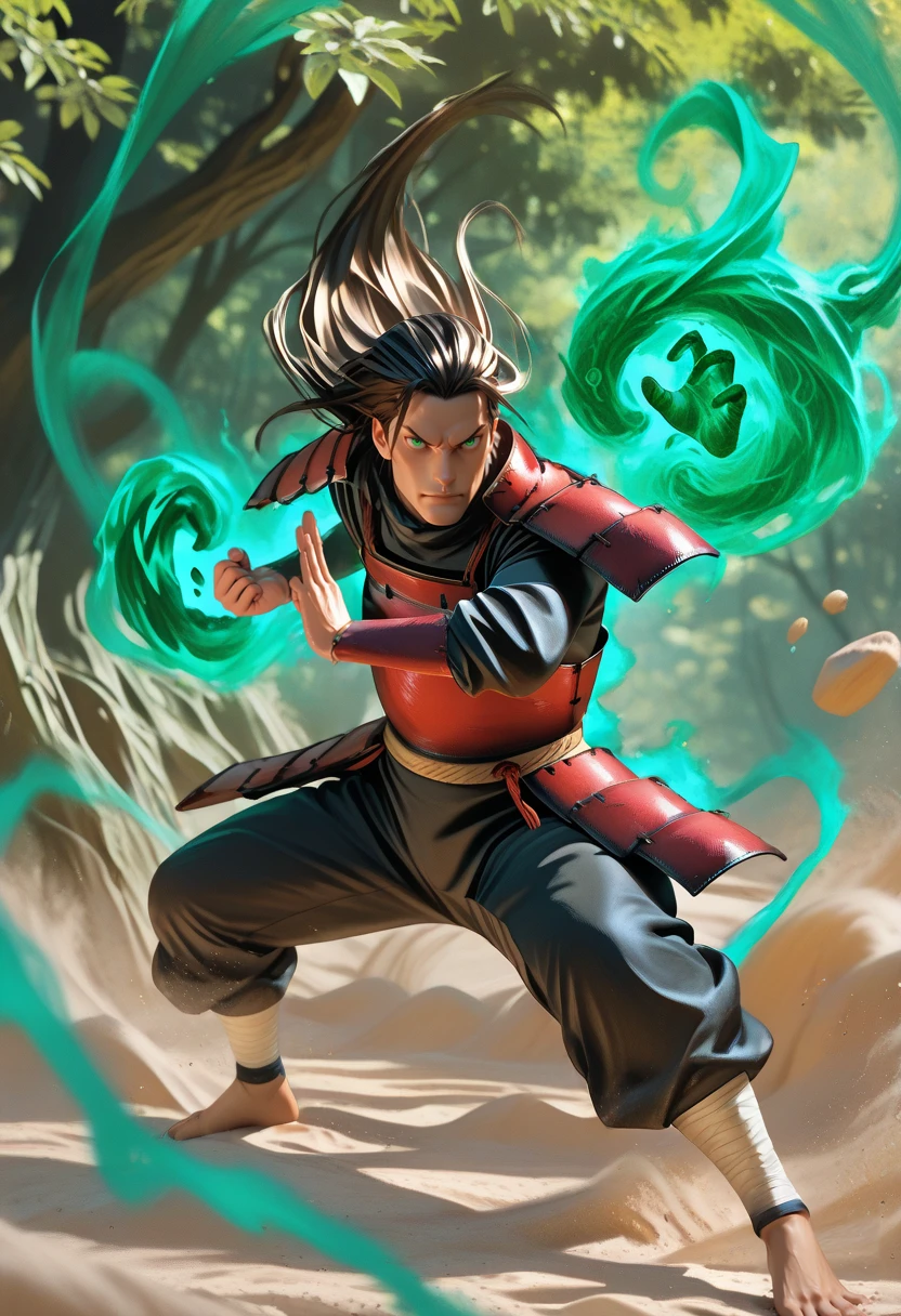 masterpiece, best quality, vibrant, very aesthetic, high contrast, photorealistic, 1boy, <lora:Hashirama_Senju_ILLU:0.8> hsrm, fighting stance, japanese armor, nature magic, element bending, dust aura, floating rocks, sand aura, vines, geomancy, , masterwork, raytracing, highly detailed, absurdres, masterful composition, cinematic lighting, rim lighting