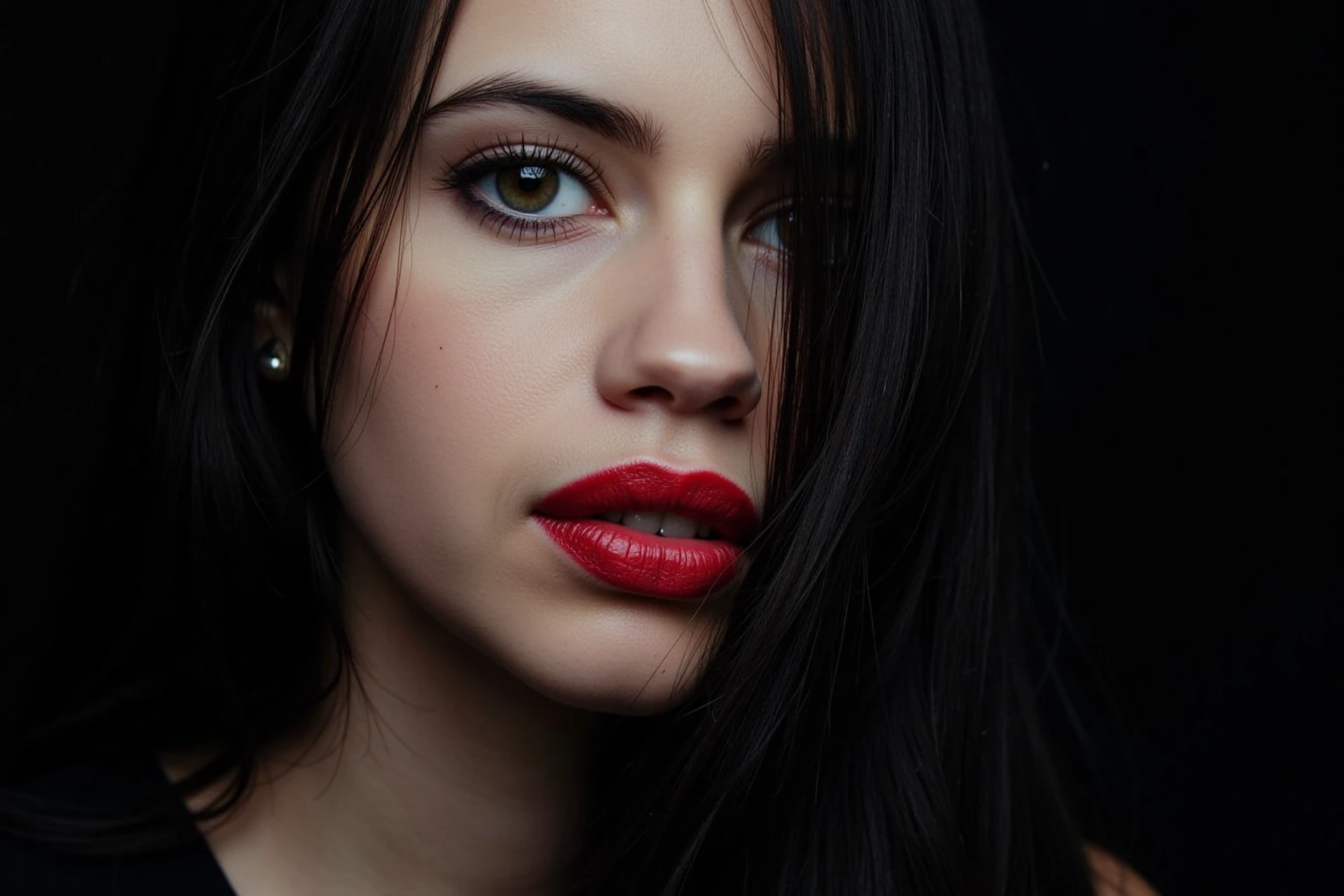 Close-up portrait of kalkikoechlinukohwx , with intense, expressive eyes and dark, flowing hair.  Her gaze is direct, almost piercing, with a hint of mystery and a subtle air of melancholy.  The woman possesses a pale complexion and wears vivid, scarlet red lipstick, which accentuates the intensity of her expression.  Her hair cascades around her face, almost obscuring her features, creating a sense of intrigue. The lighting is dramatic, focusing on her face and emphasized by the dark background.  The overall atmosphere is gothic, with a mood both alluring and slightly ominous.  The style is suggestive of dark romanticism, with heightened emotionality and a sense of artistic drama.  The composition is intimate, emphasizing the subject's facial features through a close-up perspective and the contrast between the vibrant colors of the lips and the overall dark tones of the image.  The textures are smooth and detailed, conveying a sense of realism, while the emphasis on contrast in shades creates a powerful visual effect.
