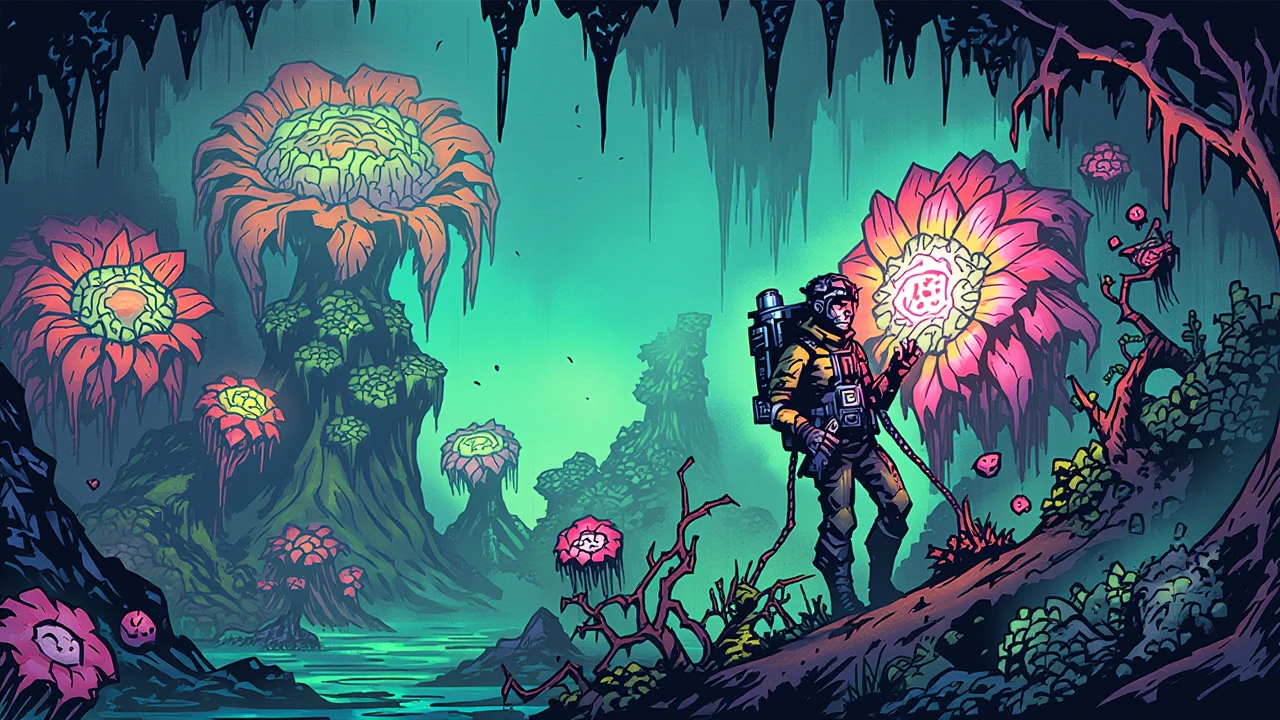 inked comic illustration in dd artstyle, An alien jungle with gigantic bioluminescent plants glowing in shades of green, blue, and pink. A researcher in a high-tech exosuit examines a pulsating, flower-like organism while small floating jellyfish-like creatures hover around. The air is thick with mist, and shafts of light break through the dense canopy above.