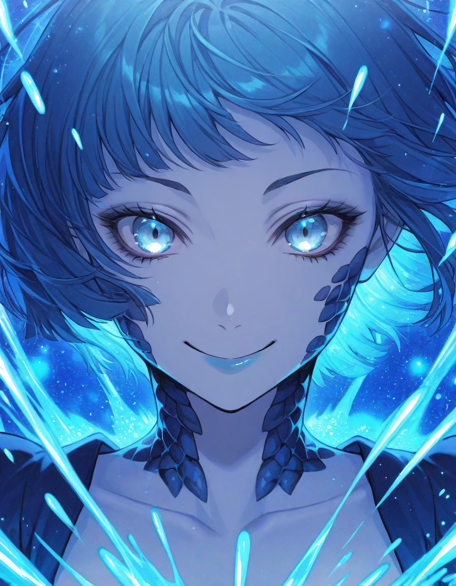 girl, face, Gorgon female, short hair, high-waisted panty, smile, blue color, vivid, particles, motion, particle splash, close up face,
light particles, nova in background,