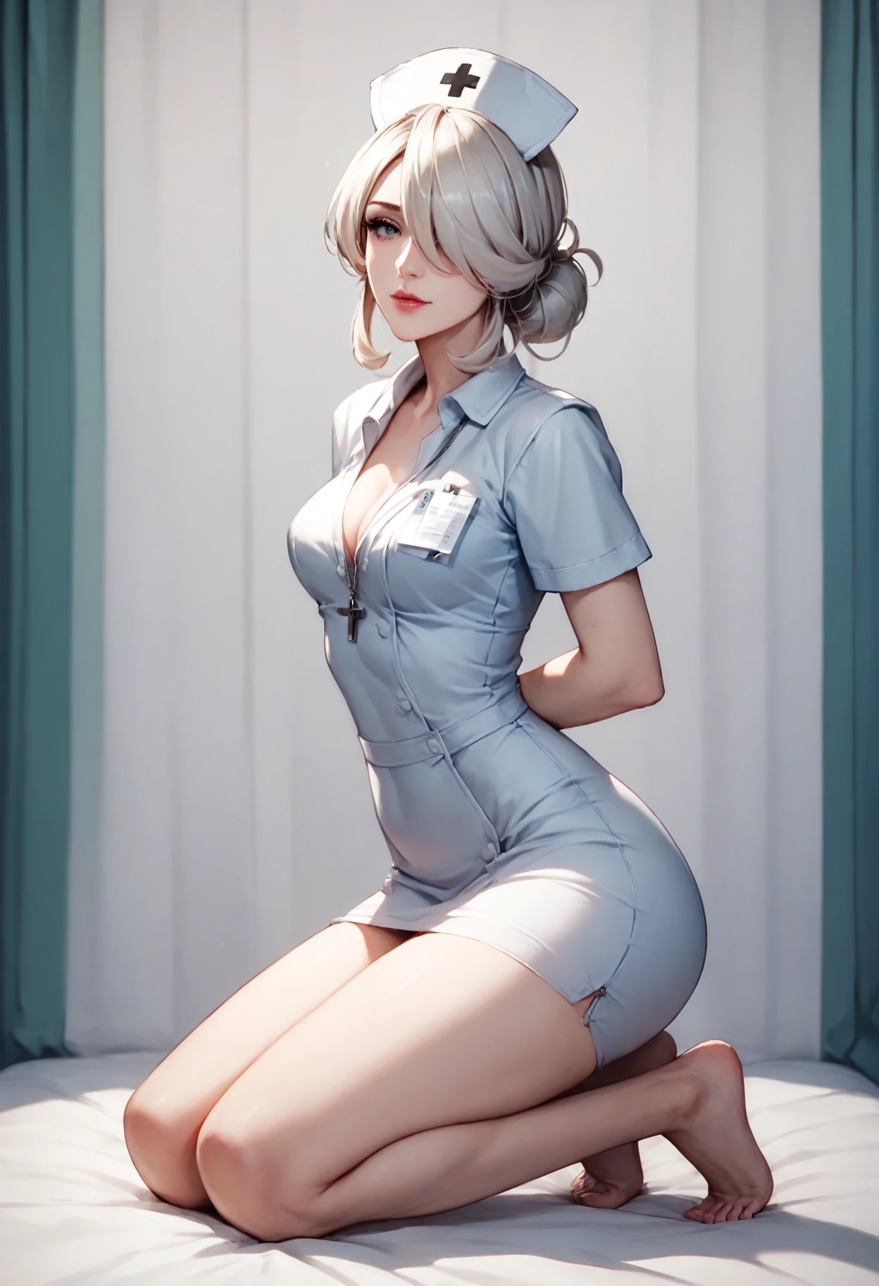 Nurse outfit, masterpiece, highly detailed, ultra detailed, best quality, highest quality, anime, girl, shy, embarrassed expression, short white hair, hugebreasts, blushing, highly detailed background, thin, white gloves, yellow eyes, (office background), (high quality background:1.4), (highly detailed clothes:1.4), (detailed face and eyes:1.2), (spread legs), (standing), (in the window with a city background), smooth legs, fishnet stockings, high heels, (exposed breast), protruding nipples.
