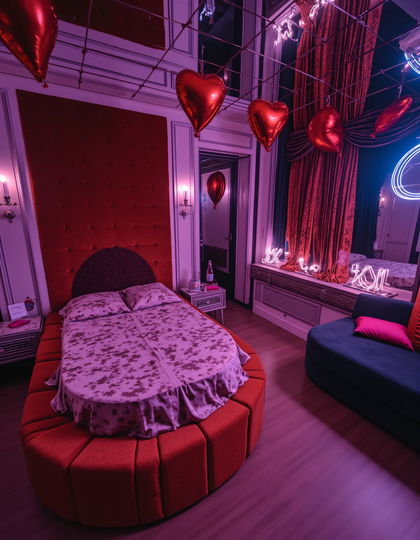 <lora:JJsLoveHotel_Flux:1> ,(love hotel),, indoors, rounded bed,  pillow, bed sheet, sofa, red heart, baloon,bottle, chandelier, food, indoors, no humans, window, reflection,water,, Sci-Fi Inspired fashion style, draws inspiration from science fiction movies, and futurism, features futuristic silhouettes,  and avant-garde designs, promotes imagination and innovation in fashion, explores concepts of technology