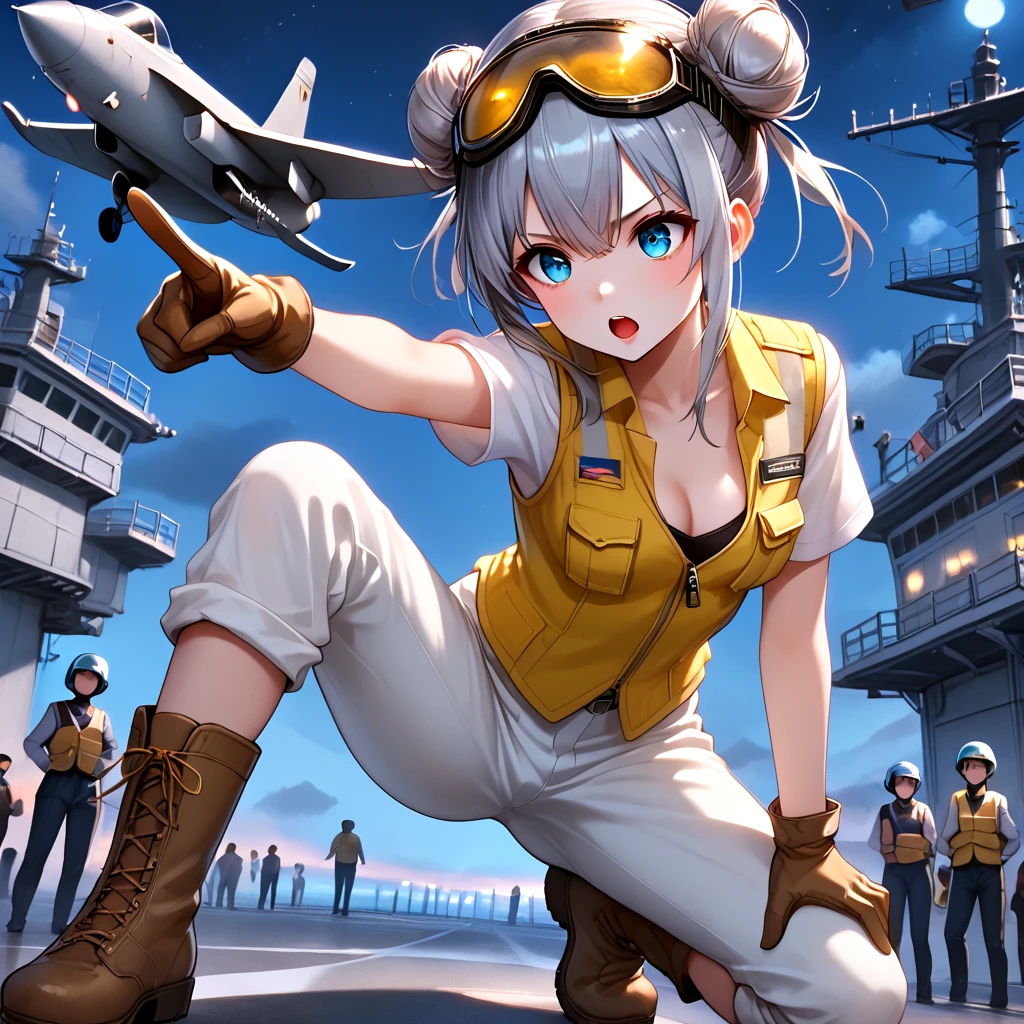 score_9, source_anime, aircraft carrier, catapult officer, pointing forward, pre-run, lunge, one knee, outstretched legs, spread legs, 1girl, grey hair, double bun, open mouth, cleavage, medium breasts, vest, pants, helmet, gloves, boots, leaning forward, goggles on head, night sky, night, dust, steam, crowd, wide shot, from behind, ass focus, <lora:girllikeaircraftcarrier_pony:0.7>