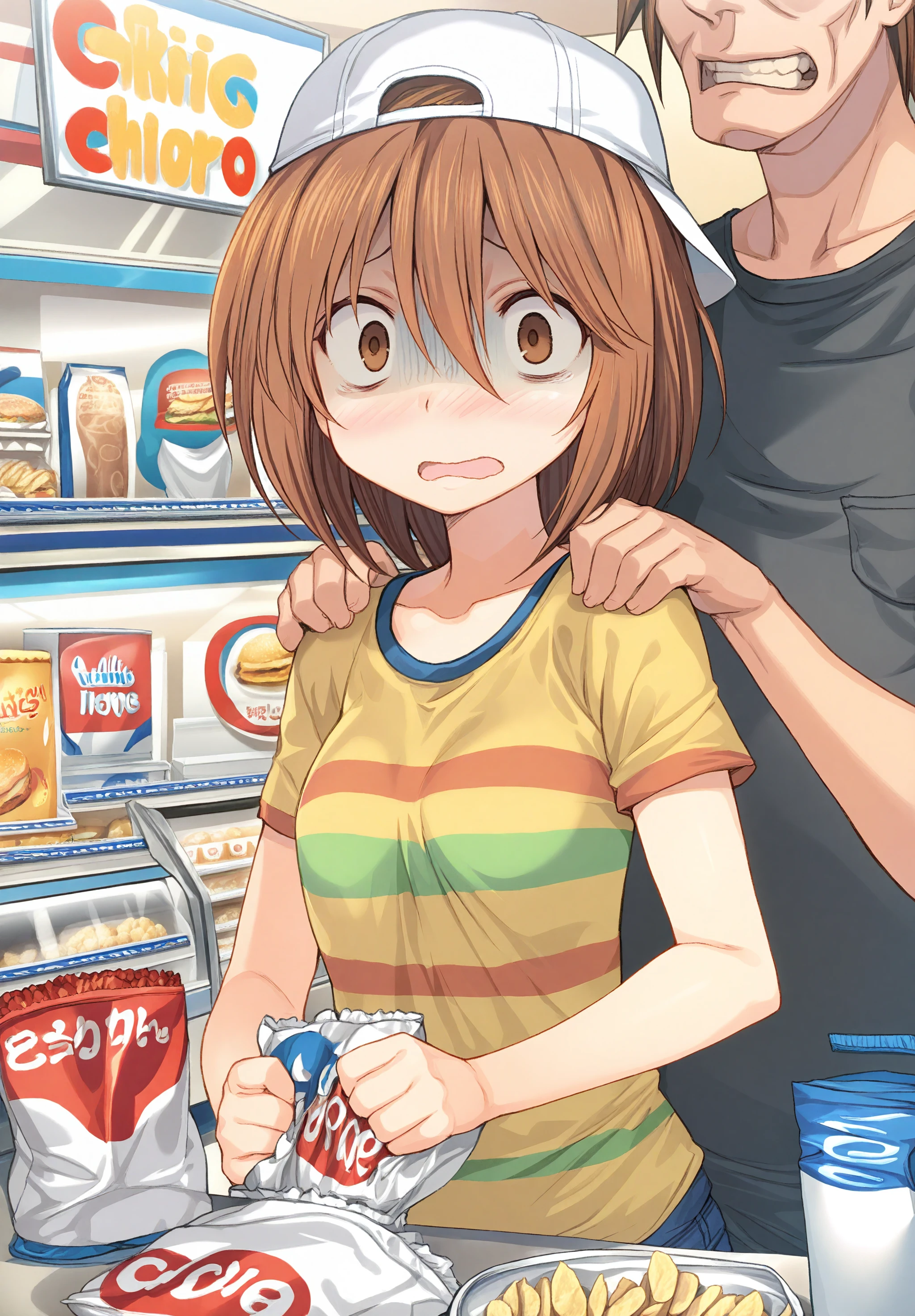 highres,absurdres,masterpiece,best quality,<lora:Cool Rance Zoot:1>,solo,1girl,convenience store,holding chips \(food\),panicking,from_side,striped shirt,backwards hat,looking at viewer,open mouth,brown hair,hair between eyes,short hair,small breasts,brown eyes,blush,scared,looking at viewer,1boy,out of frame,hands on another's shoulders,age difference,