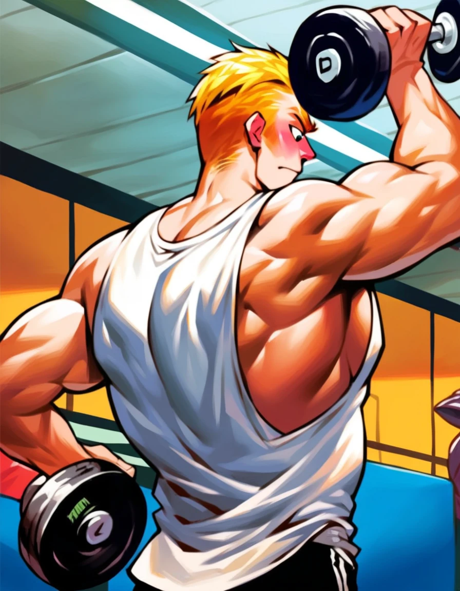 score_9, score_8_up, score_7_up, score_6_up, score_5_up, score_4_up, (bamforth_cartoon:1.2), source_cartoon,

muscular male, short hair, blonde hair, sleeveless, white shirt, holding weights, looking down, indoors, arms raised