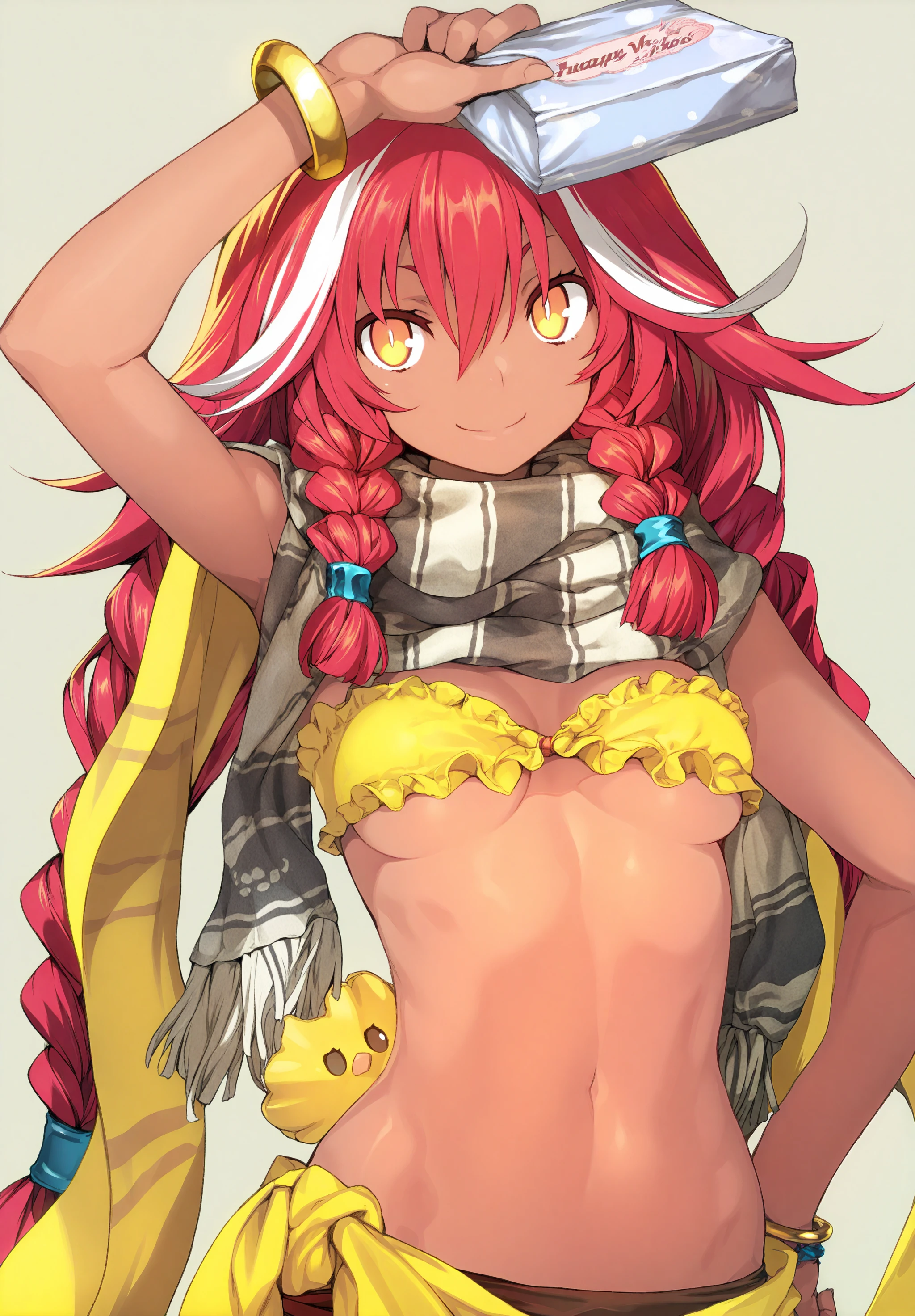 highres,absurdres,masterpiece,best quality,1girl,<lora:Cool Rance Zoot:1>,yellow theme,1girl,red hair,dark-skinned female,upper body,yellow eyes,happy,arm up,holding gift box,scarf,rag bra,underboob,underwear,bracelet,navel,twin braids,white streaked hair,long bangs,hair between eyes,simple background,grey background,arm at side,cleavage,small breasts,