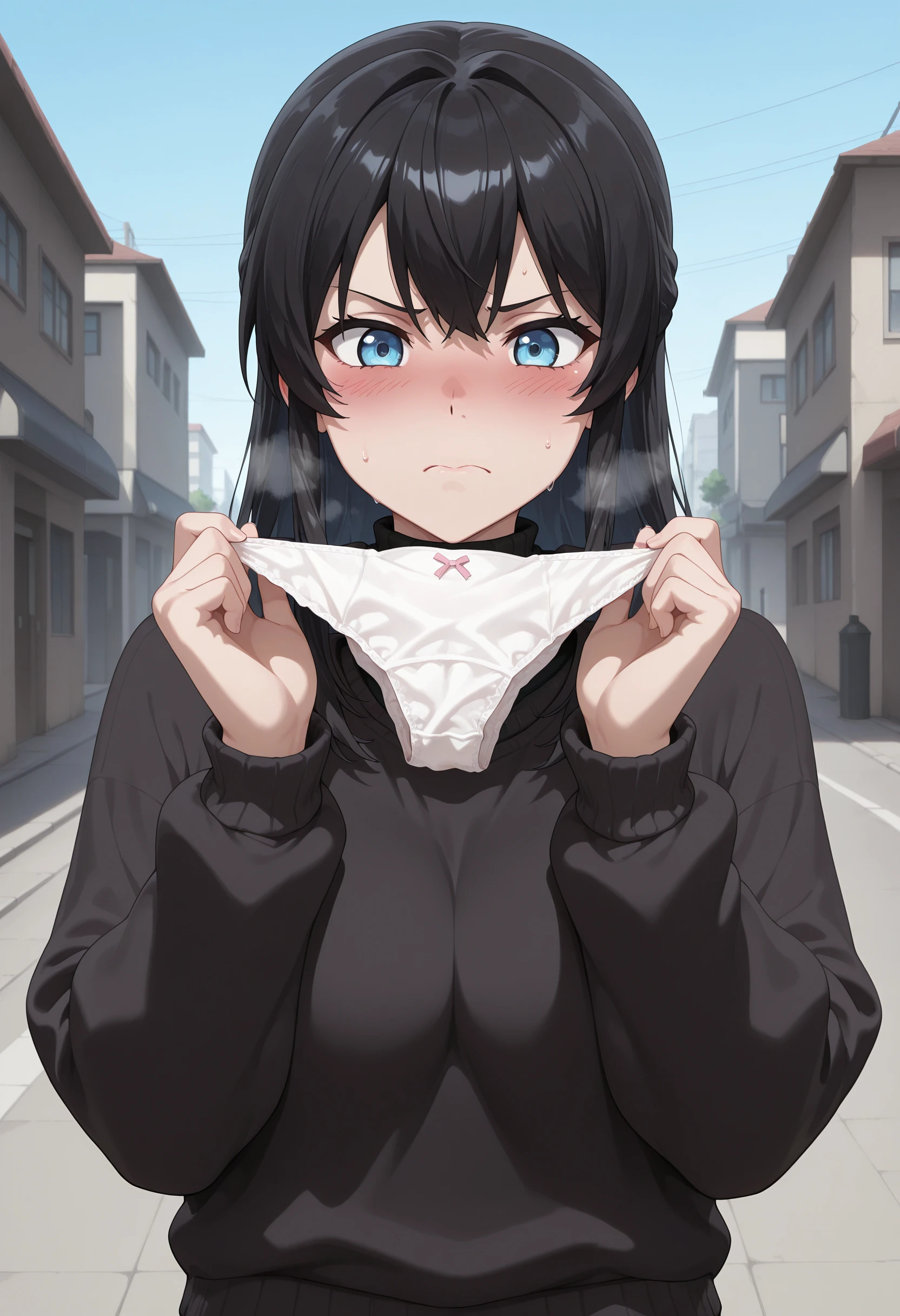 1girl, anime, anime coloring, 
holding_panties, hldngpnts, panties, holding panties, heavy breathing, steam, upper body, hands up, embarrassed, blush, frown, 
white panties, 
outdoors, street,
black hair, blue eyes, long hair, sweater, black sweater, 
<lora:holding_panties_illustrious:0.5>