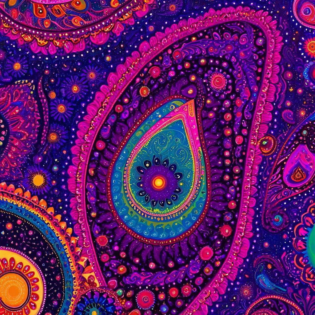 a telescope photo of the galaxy solar system  showing psychedelic vibrant and intricate paisley pattern featuring teardrop-shaped motifs, planetary elements, and swirling designs in bright 
shades of blue, pink, yellow, and green, set against a deep purple background 