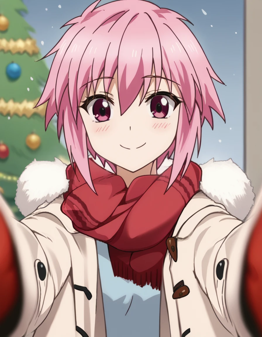 score_9, score_8_up, score_7_up, source_anime, <lora:sakura-mizukami-s1-ponyxl-lora-nochekaiser:1>, sakura mizukami, short hair, pink hair, sidelocks, short hair with long locks, pink eyes, mature female, small breasts, anime screencap, <lora:pov-cheek-warming-ponyxl-lora-nochekaiser:1>, pov cheek warming, pov cheek warming (meme), winter gloves, duffel coat, fur-trimmed scarf, winter clothes, red mittens, meme, winter coat, red scarf, fur-trimmed coat, reaching towards viewer, reaching, mittens, fur-trimmed hood, white coat, open coat, scarf, coat, red gloves, snowing, pov, fur trim, depth of field, smile, blush,, christmas, christmas tree, christmas lights,, , dutch angle, cowboy shot