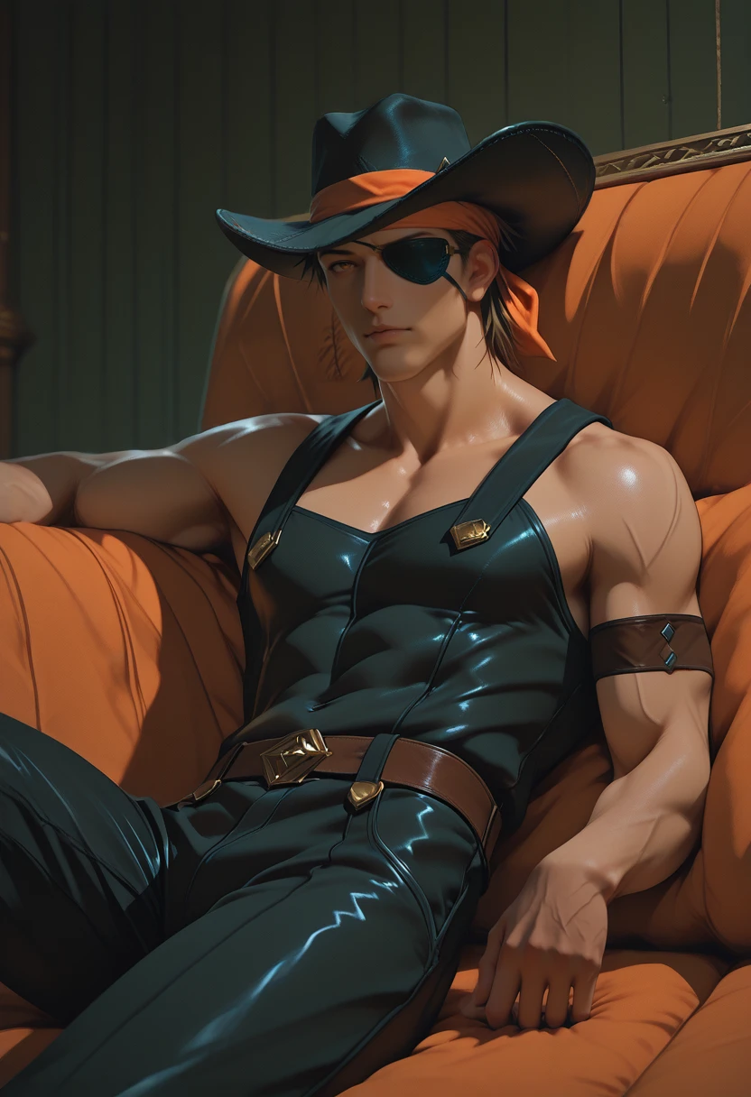 masterpiece, best quality, vibrant, very aesthetic, high contrast, realistic, 1boy, <lora:Irvine_ZOIDS_ILLU:0.8> rvn_zds, cowboy outfit, reclining, detailed background, The Whispering Gorge background, masterwork, raytracing, highly detailed, absurdres, masterful composition, cinematic lighting, rim lighting