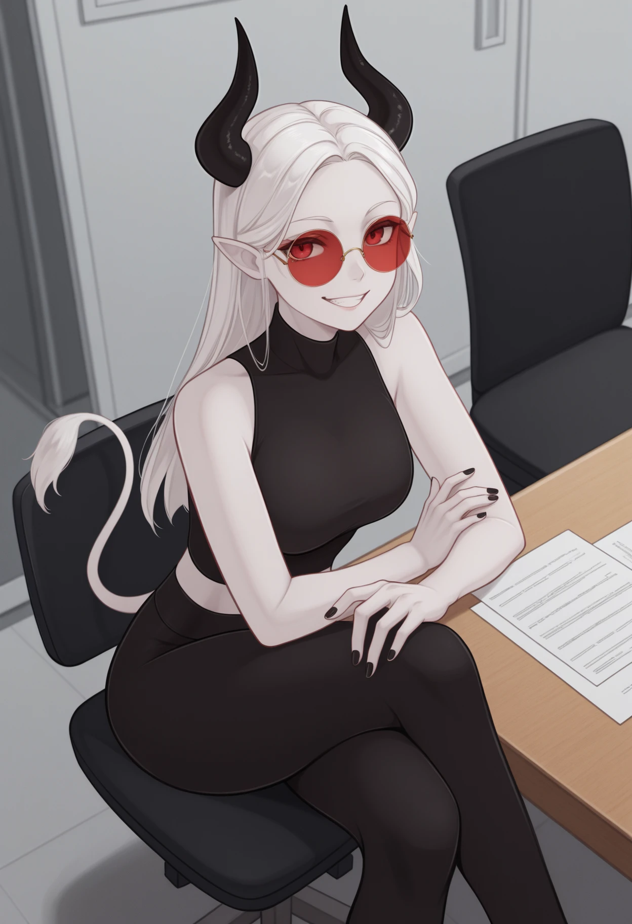 indoors, office room
1girl, solo, yoga pants, sleeveless shirt, tight clothes, black clothes, white hair, pale skin, red eyes, small cow horns, cow tail, pointy ears, black nails, round glasses, red-tinted eyewear, black horns, long hair
grin, sitting, crossed legs, chair, showing piece of paper, close-up, table, masterpiece, best quality, <lora:h-oni:1> h-oni