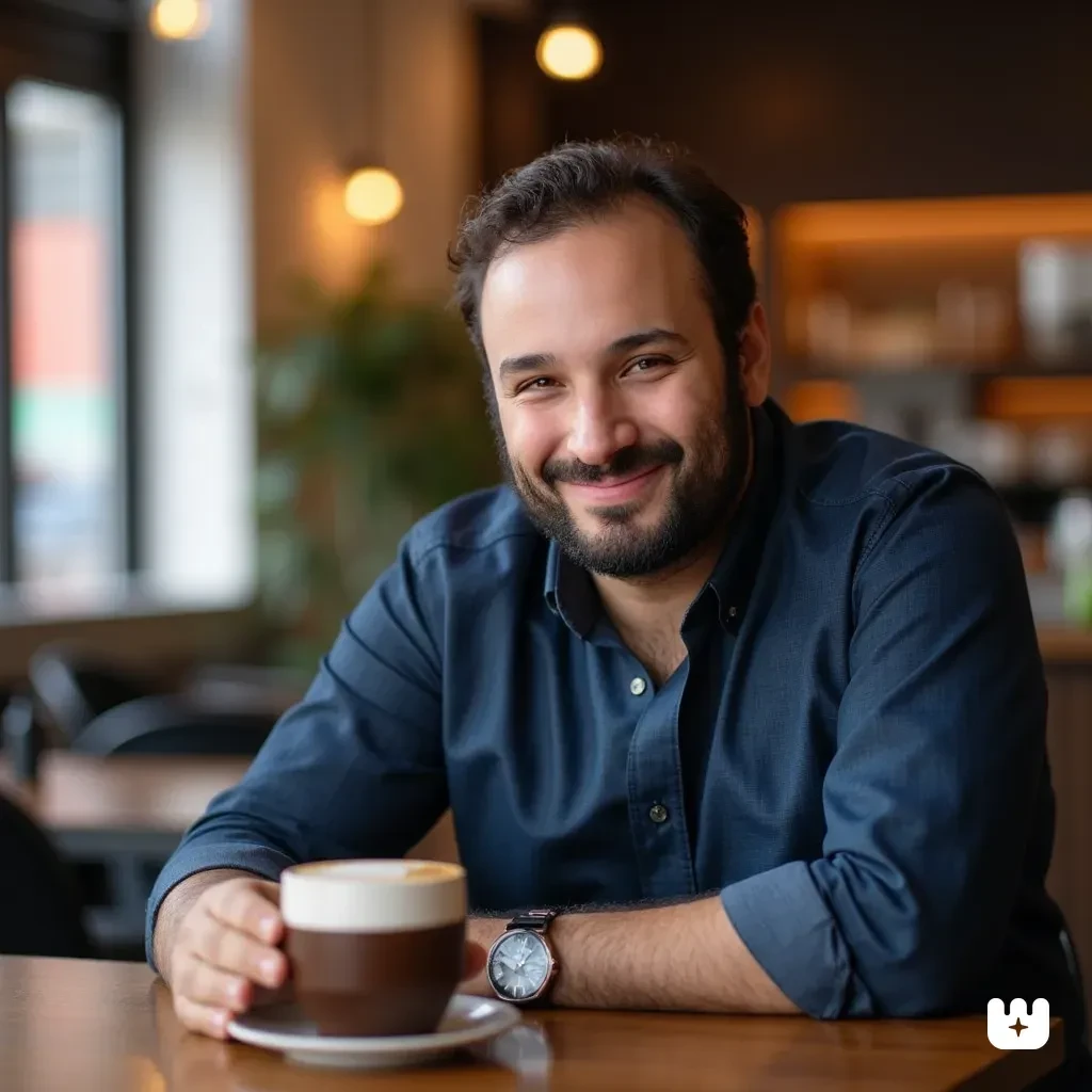 realistic photo of man, solo, MBS , sitting in a cafe holding a coffee, looking at the viewer, smiling