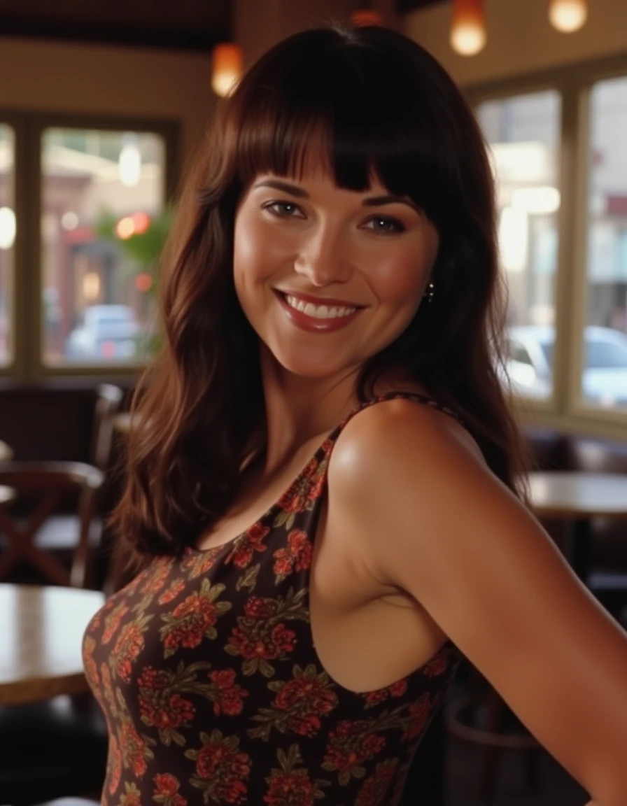 <lora:Lucy_Lawless_1990s_Flux:1> beautiful detailed photograph, dark brown hair with bangs wearing a boatneck dress, standing in a cafe, looking at the viewer, smile