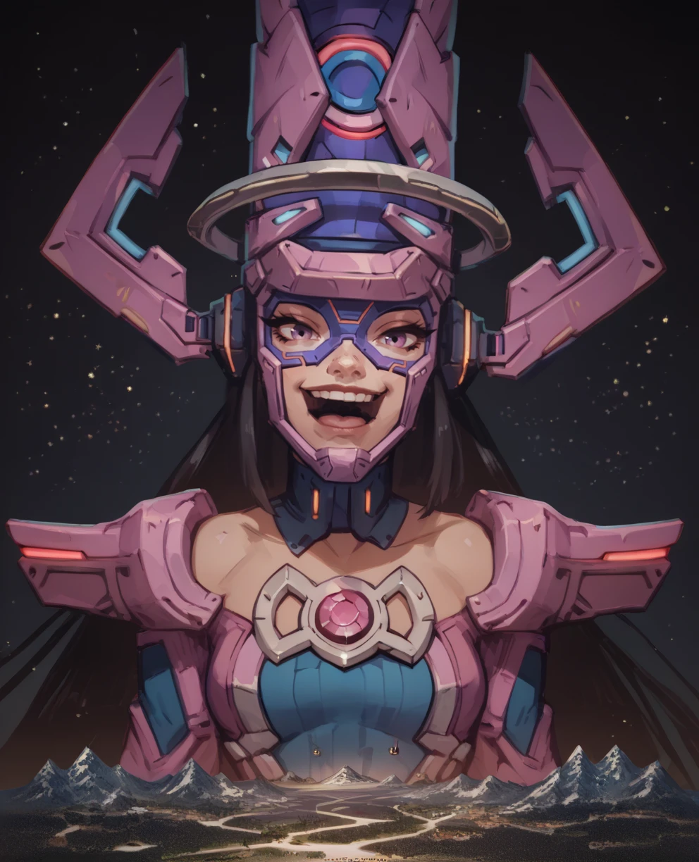 score_9,score_8_up,score_7_up,score_6_up,score_5_up,score_4_up,
galactamr,purple eyes,helmet,black hair,long hair,laughing,
dress,chest jewel,giantess,
looking at viewer,light smile,
space,flat background,
<lora:GalactaMR:0.9>,