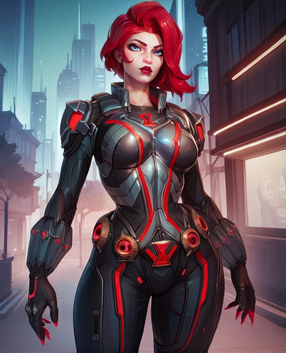 score_9,score_8_up,score_7_up,score_6_up,score_5_up,score_4_up,
blckwdwmr,red hair,blue eyes,lipstick,
black bodysuit,armor,gloves,hips,belt,belt,
standing,looking at viewer,
solo,
night,city,<lora:BlackWidowMR:0.9>,