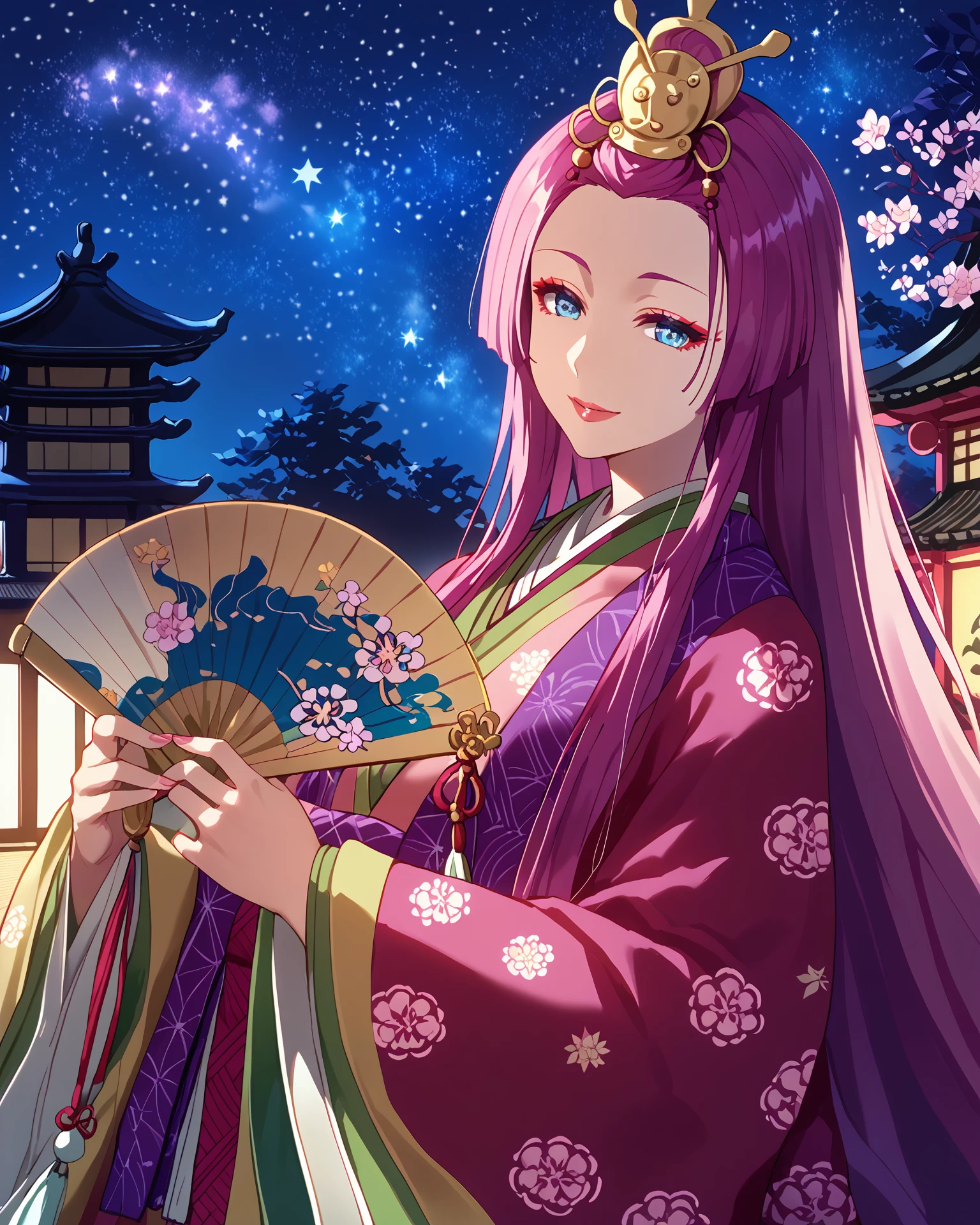 1girl, juunihitoe, wearing rainbow juunihitoe, joyful, magenta, very long hair, bright blue eyes, holding a fan, japanese garden, night time, starry sky, digital art, masterpiece, absurdres, highest quality, score_9, score_8_up, score_7_up,  <lora:Juunihitoe_XL:1.1>,   <lora:[pony]Sunagawa Tara:1>, sunagawa tara