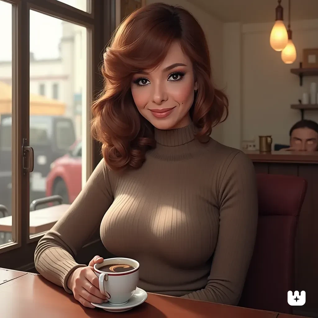 realistic photo of, 1girl, solo, NASHE, wearing a fitted turtle neck sweater, large breasts, sitting in a cafe holding a coffee, looking at the viewer, smiling