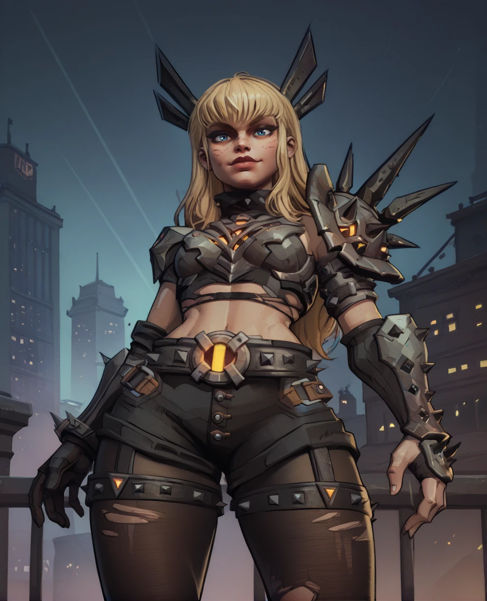 score_9,score_8_up,score_7_up,score_6_up,score_5_up,score_4_up,
magikmr,blonde hair,blue eyes,metal horns,long hair,bangs,
armor,crop top,shoulder pads,spikes,asymmetrical gloves,belt,hips,pantyhose,looking at viewer,
solo,smug,from below,
night,city,<lora:MagikMR:0.9>,