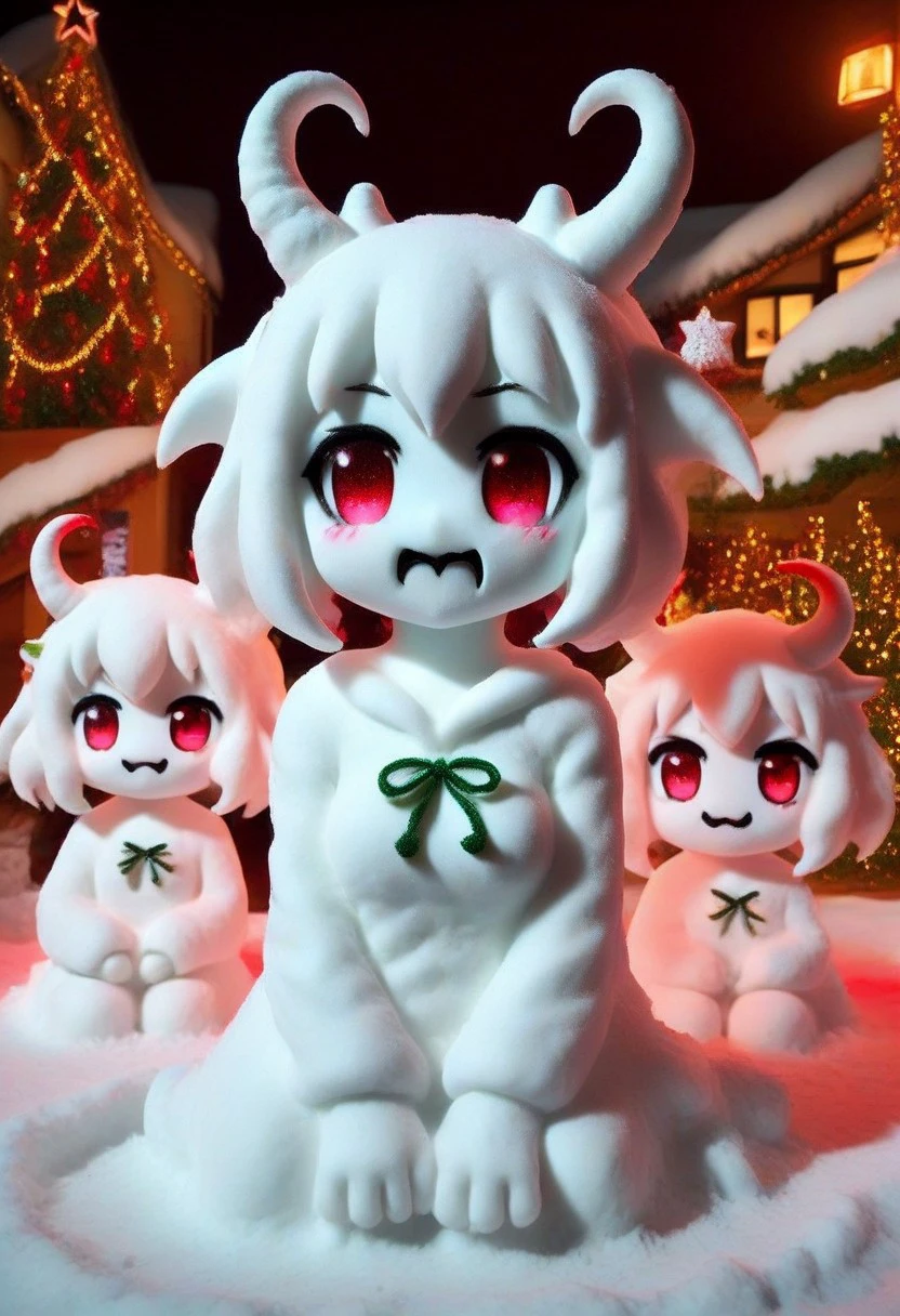 amateur photography, made of snow, SN0W, multiple girls, 3girls, demon girl, red horns, festive, christmas, demons, detailed eyes, sparkling eyes, wings, cute, kawaii, goofy