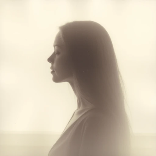 an aesthetic, minimalist depiction of a female profile in side view. The focus is on the soft contours and calm, monochromatic tones. The scene feels mystical and dreamy, almost as if viewed through a delicate mist, with gentle light accentuating the silhouette. The background is diffuse and creamy white, drawing attention to the elegant simplicity of the figure.