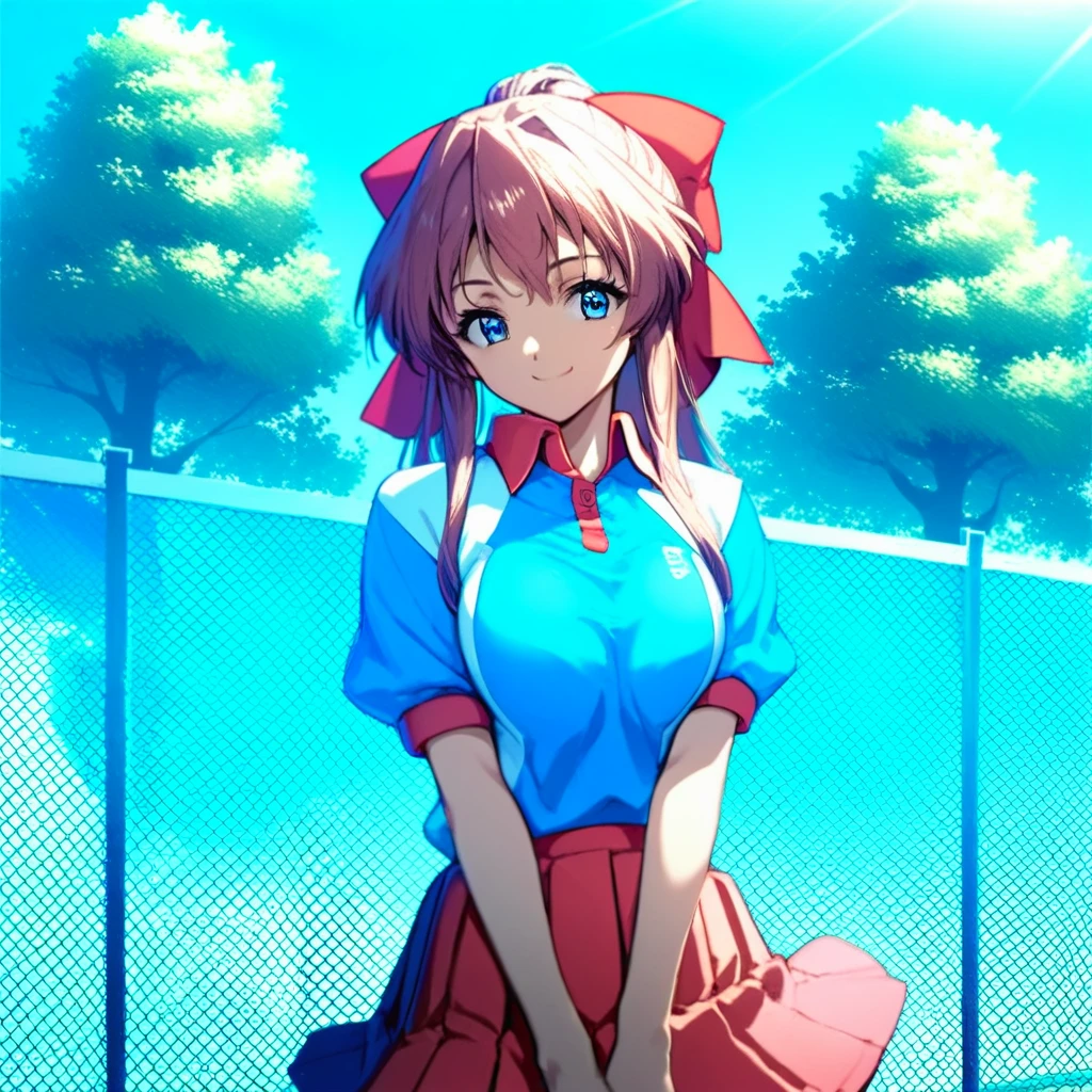 score_9, score_8_up, score_7_up, source_anime 1girl, KanzakiaoiTB, tbtennisuniform, 1girl, solo, blue eyes, hair bow, tennis uniform, polo shirt, raglan sleeves, pleated skirt, red skirt, fence, v arms, smile, closed mouth, tree, sky, short sleeves