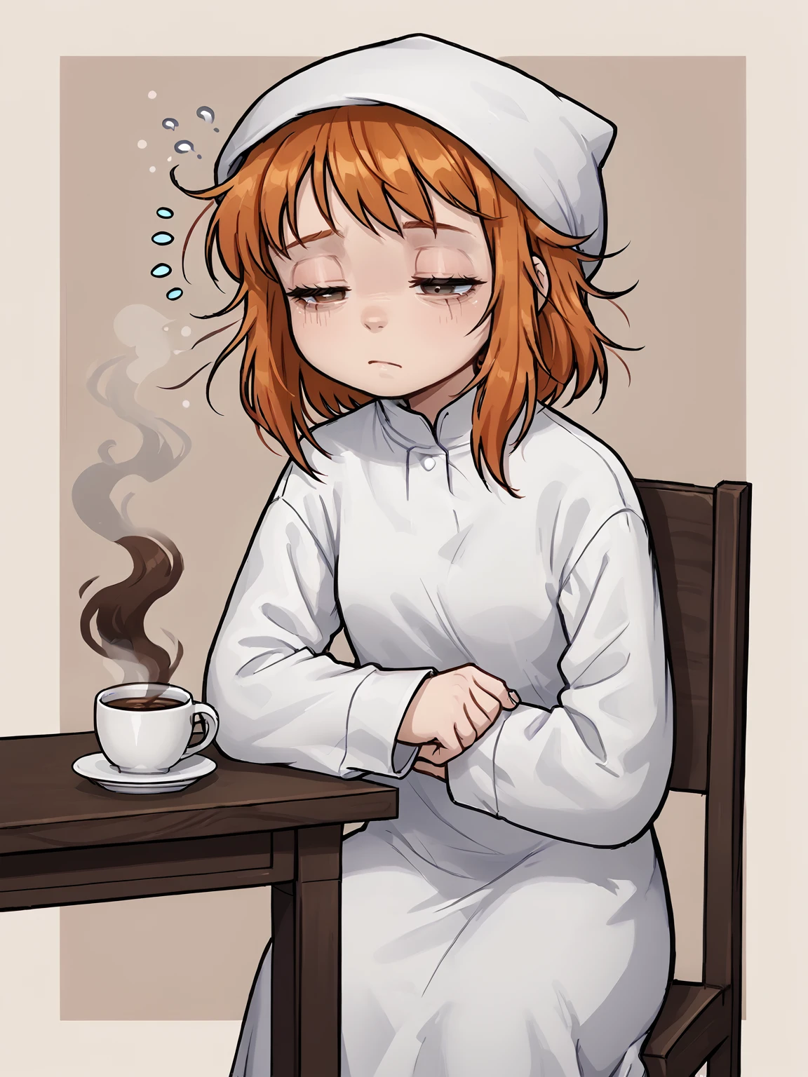 <lora:Muppastpny:0.95> muppastpny, white gown, orange hair, petite
sleepy, coffee, tired  <lora:One_eye_half_closed_-_Pony:0.65> half_closed_eye