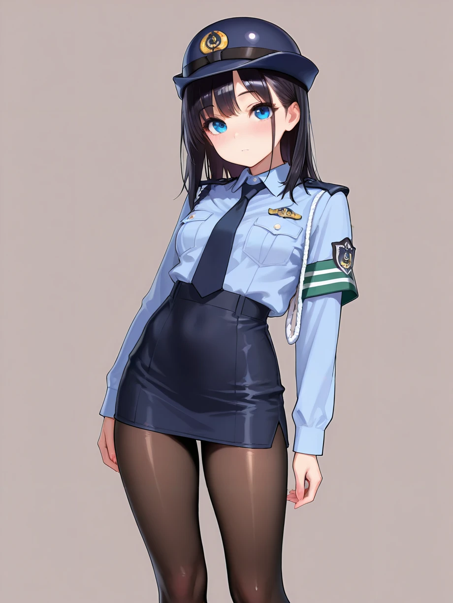 masterpiece,amazing quality,best quality,ultra-detailed,8K,illustration,CG,shiny hair,clear skin,ultra-detailed-eyes,simple background,cute girl, eyelashes <lora:police uniform_illustrious_V1.0:1> police uniform, necktie, police hat, collared shirt, pantyhose