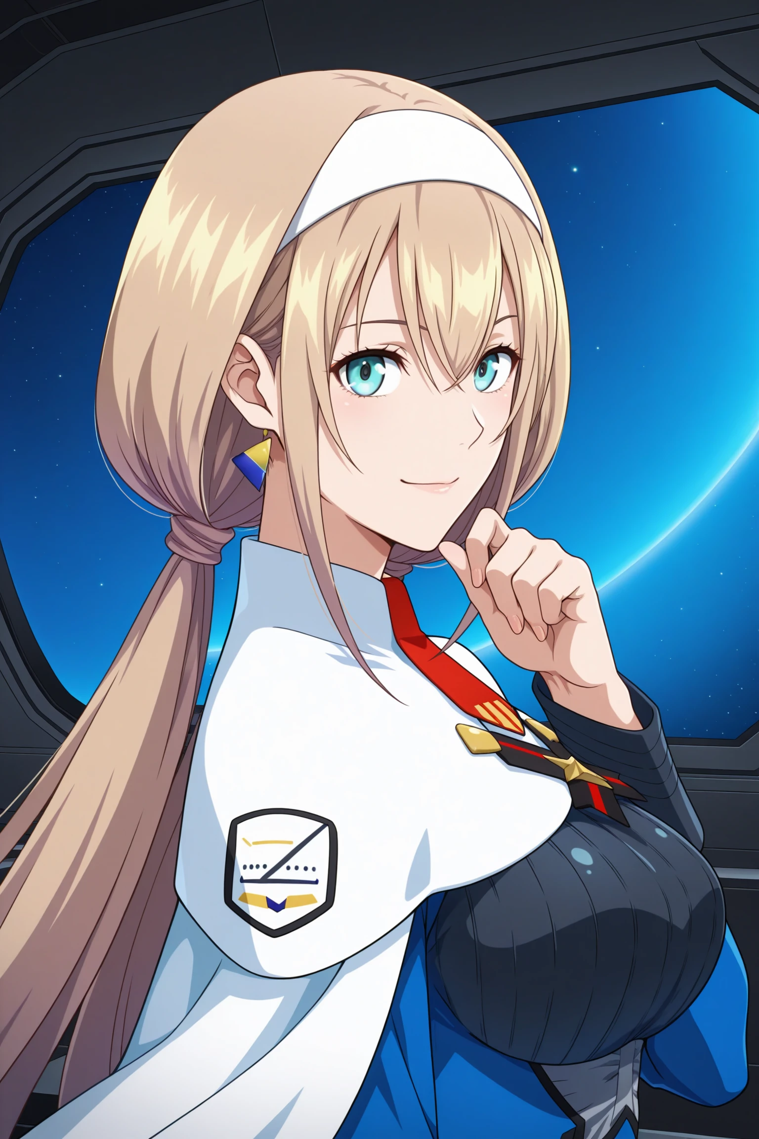 masterpiece, best quality, amazing quality, highres, absurdres, very aesthetic, high resolution, ultra detailed, perfect details, 1girl, solo, science fiction, space, spacecraft, indoors, medium breasts, mitsuba greyvalley, blonde hair, long hair, low twintails, white hairband, blue eyes, single earrings, military uniform, blue dress, long sleeves, white capelet, short necktie, framed breasts, black pantyhose, white footwear, boots, <lora:Mitsuba_Greyvalley_ILXL:0.8>, (aged up:1.5), (upper body:1.5), (pose:1.2), seductive smile, looking at viewer, (anime coloring:1.5), (anime screencap:1.5), (from side:1.9)