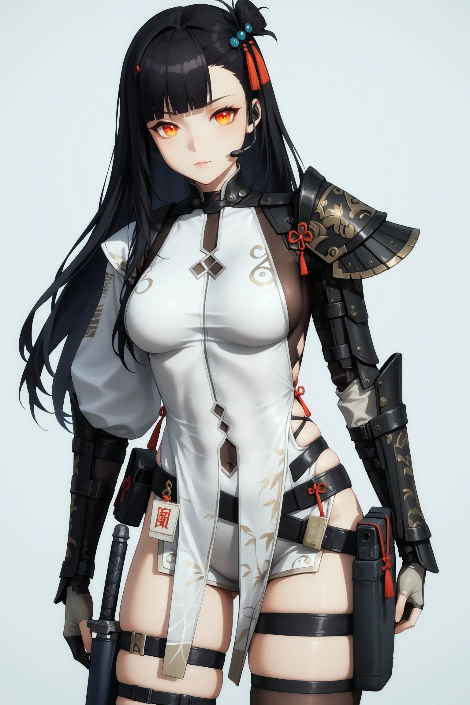 score_9, score_8_up, score_7_up, masterpiece, 4k, high quality, best quality, imtdqiongjiu, 1girl, black hair, long hair, gloves, bodysuit, pelvic curtain, assymmetrycal thighhighs, hair ornament, orange eyes, holster, thigh holster, headset, red eyes, blunt bangs, thigh strap, skindentation,, one shoulder armor, sideboob, gauntlets,
