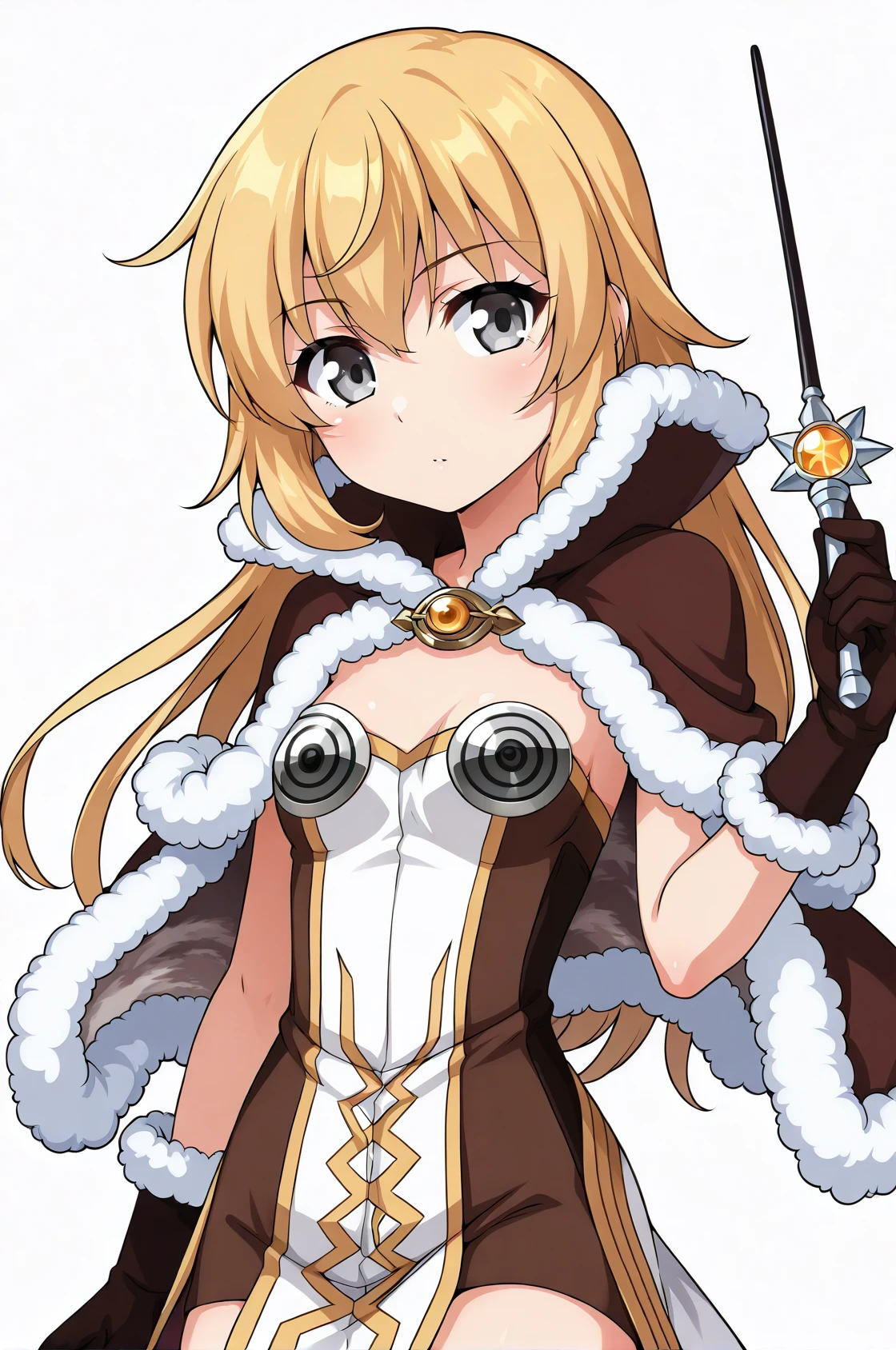 hiWizRO, strapless dress, two-tone dress, sleeveless dress, brown dress, fur-trimmed cape, eye print fur-trimmed gloves, white waist cape,
1girl, solo, looking at viewer,
 long hair, blonde hair, gray eyes,
upper body, holding wand,
white background,
 <lora:hiWizRoIllustriousV1.5-000010:0.95>