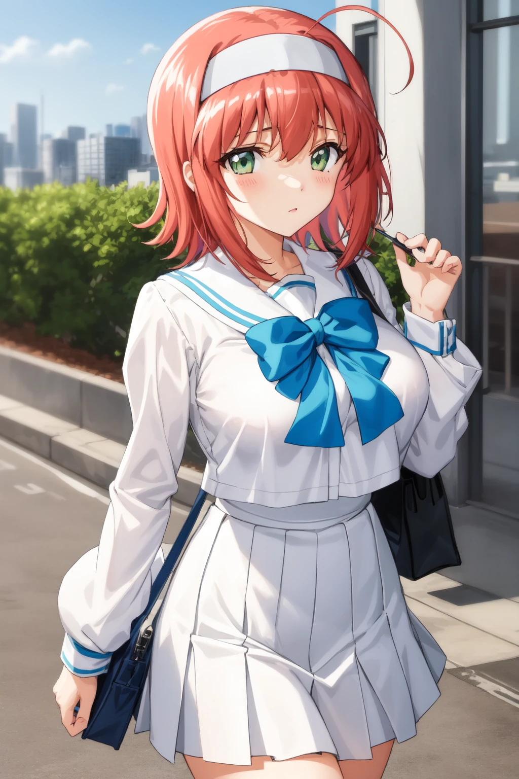 akane_maniax, suzumiya_akane, 1girl, solo, blush, closed_mouth, looking_at_viewer, city, buildings, park, walking, bag, carrying, holding_object, (standing:1.2), (cowboy_shot:1.2), (short hair, ahoge:1.3), orange hair, red hair, (white hairband:1.1), (green eyes:1.2), (large breasts:1.2), (wide hips:1.2), school_uniform, serafuku, (white shirt:1.2), (white skirt, short skirt:1.2), pleated skirt, blue ribbon, long sleeves, (puffy sleeves, juliet sleeves:1.2), masterpiece, best quality, best aesthetic, anime, ultra detailed