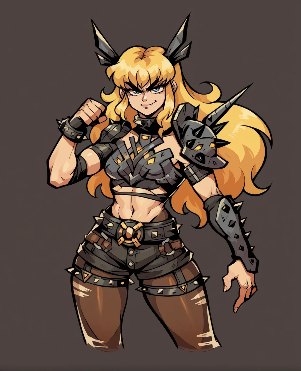 score_9,score_8_up,score_7_up,score_6_up,score_5_up,score_4_up,
magikmr,blonde hair,blue eyes,metal horns,long hair,bangs,
armor,crop top,shoulder pads,spikes,asymmetrical gloves,belt,hips,pantyhose,looking at viewer,
solo,smug,fighting stance,motion lines,   
flat background,
<lora:MagikMR:0.9>,