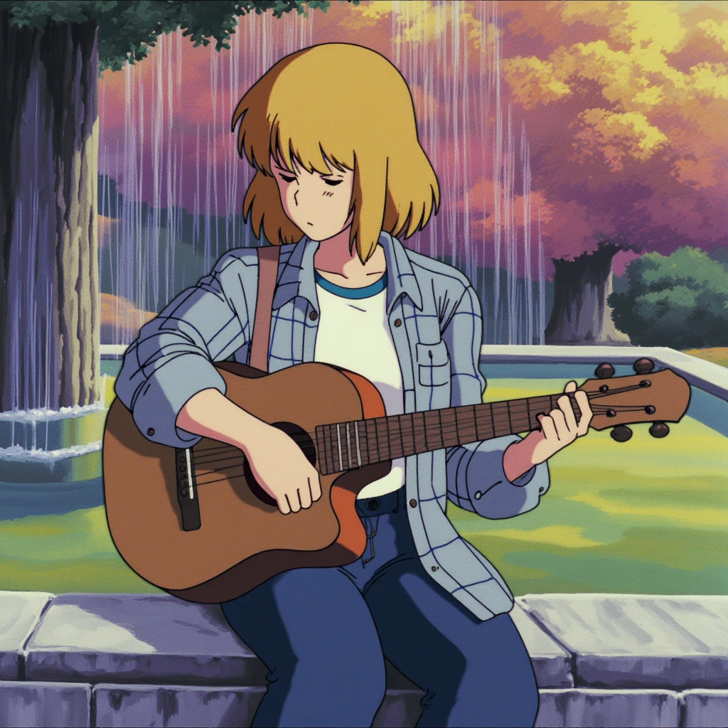 anime screencap in ng artstyle, a college woman is sitting outside on the ledge of a fountain in a park against a warm, sunny backdrop, playing the guitar. she has shoulder-length blond straight hair and is wearing a light blue plaid shirt with rolled up sleeves to her elbows, revealing a plain white t-shirt with a blue collar underneath, as well as dark blue jeans.