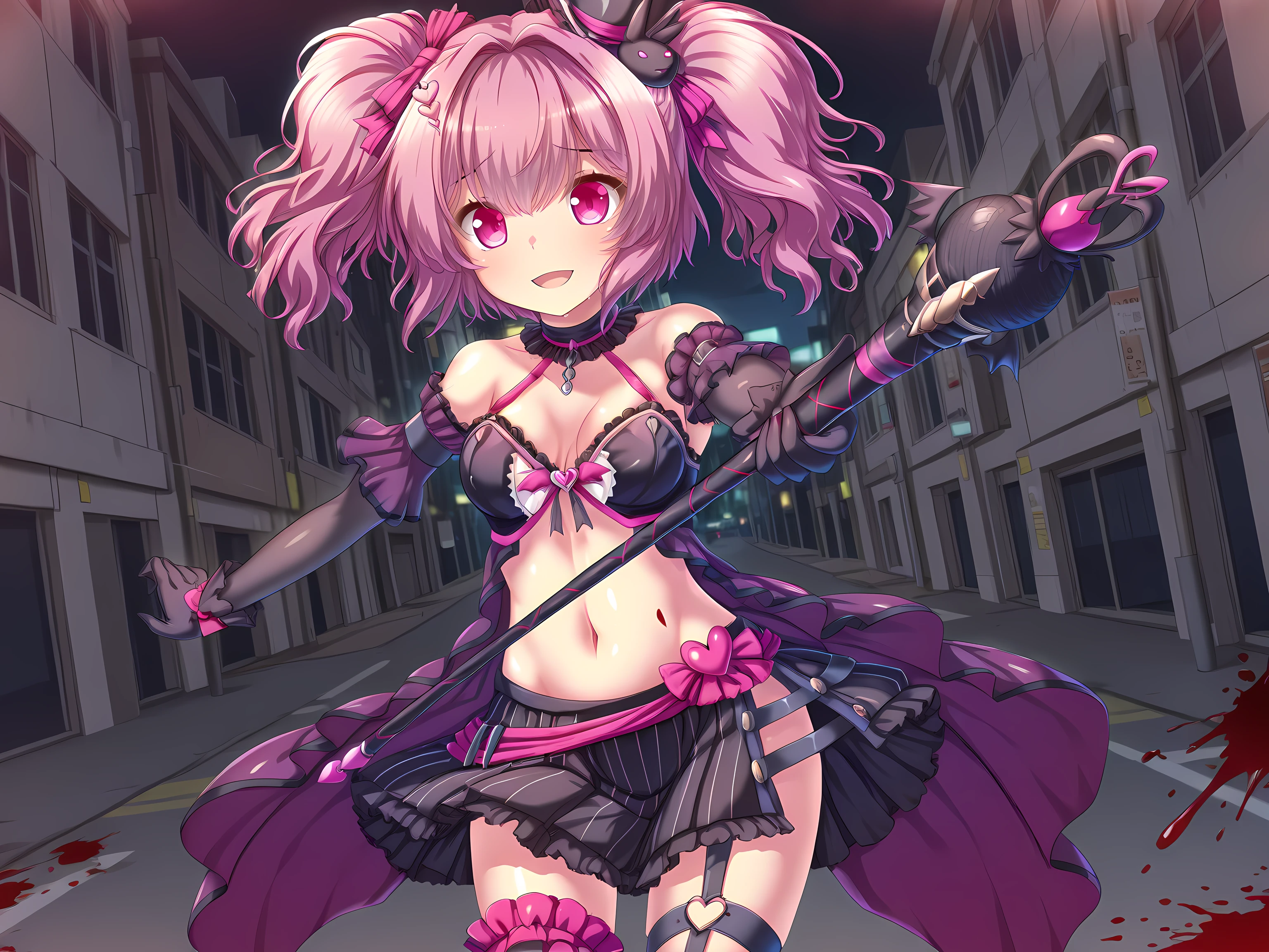 1girl,solo,arisu,evil outfit,outdoors,city,street,attack,blood splatter,crazy,horror \(theme\),cowboy shot,<lora:Yumegishi_Arisu_-_Yamizome_Liberator_-_Escude:1>,medium breasts,yandere,blood,staff,holding,action,, masterpiece,best quality,amazing quality,