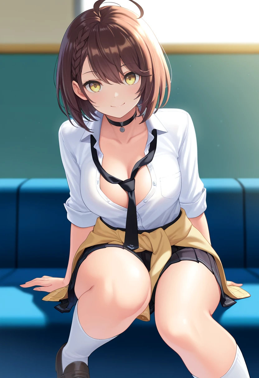 masterpiece, best quality,  <lora:Baltimore-AIO-initiumtest-000016:1> 1girl, solo, Brown hair, yellow eyes, braid, ahoge, white shirt,  pleated skirt, knee socks, cardigan, cardigan around waist, loose necktie, black tie, partially unbuttoned, loafers, white socks, smile, black skirt, black choker,